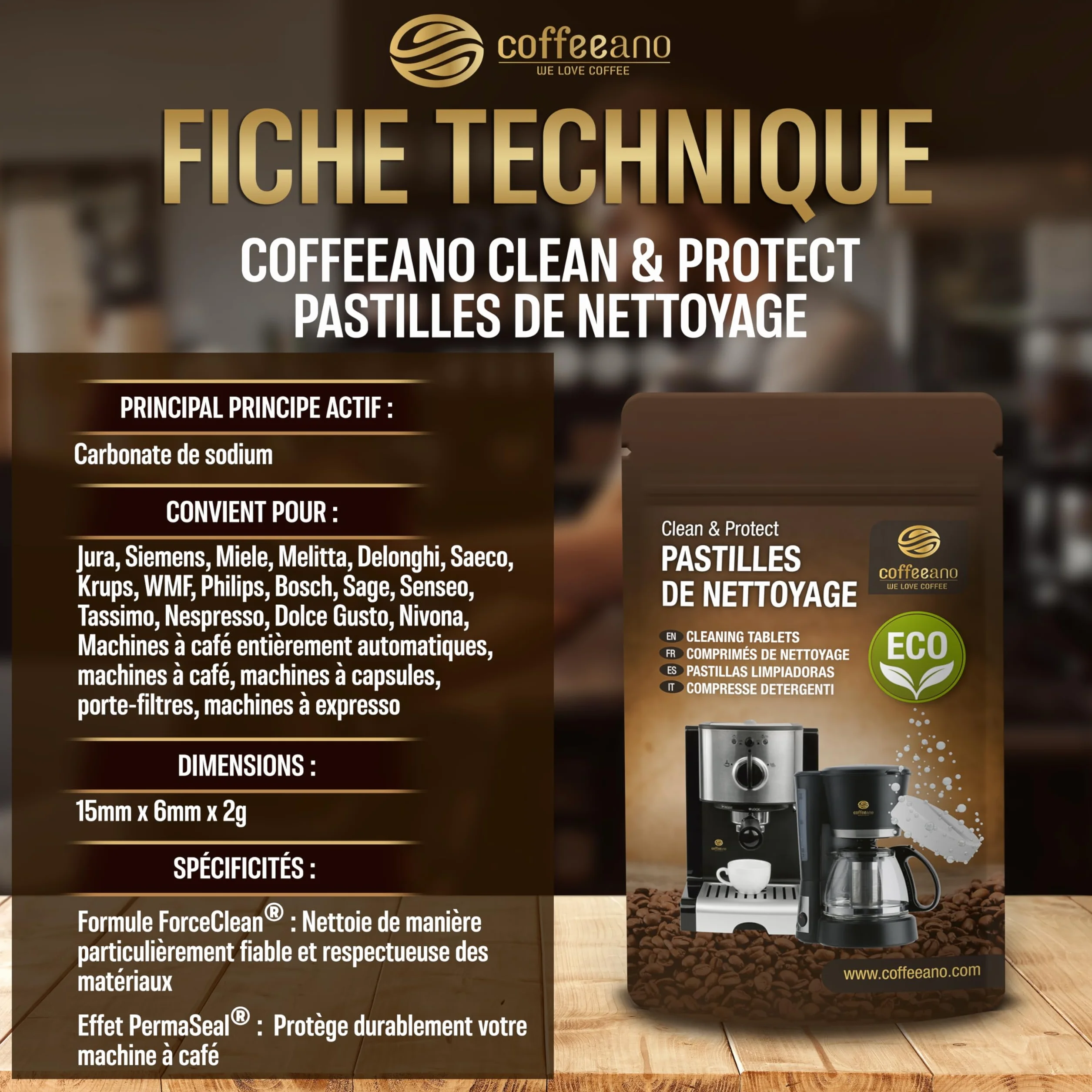 Pastilles de nettoyage pour machines à café Jura, Krups, Melitta, Delonghi, Siemens, Philips, Bosch, Tassimo, Nespresso, Sage, Senseo - Coffeeano