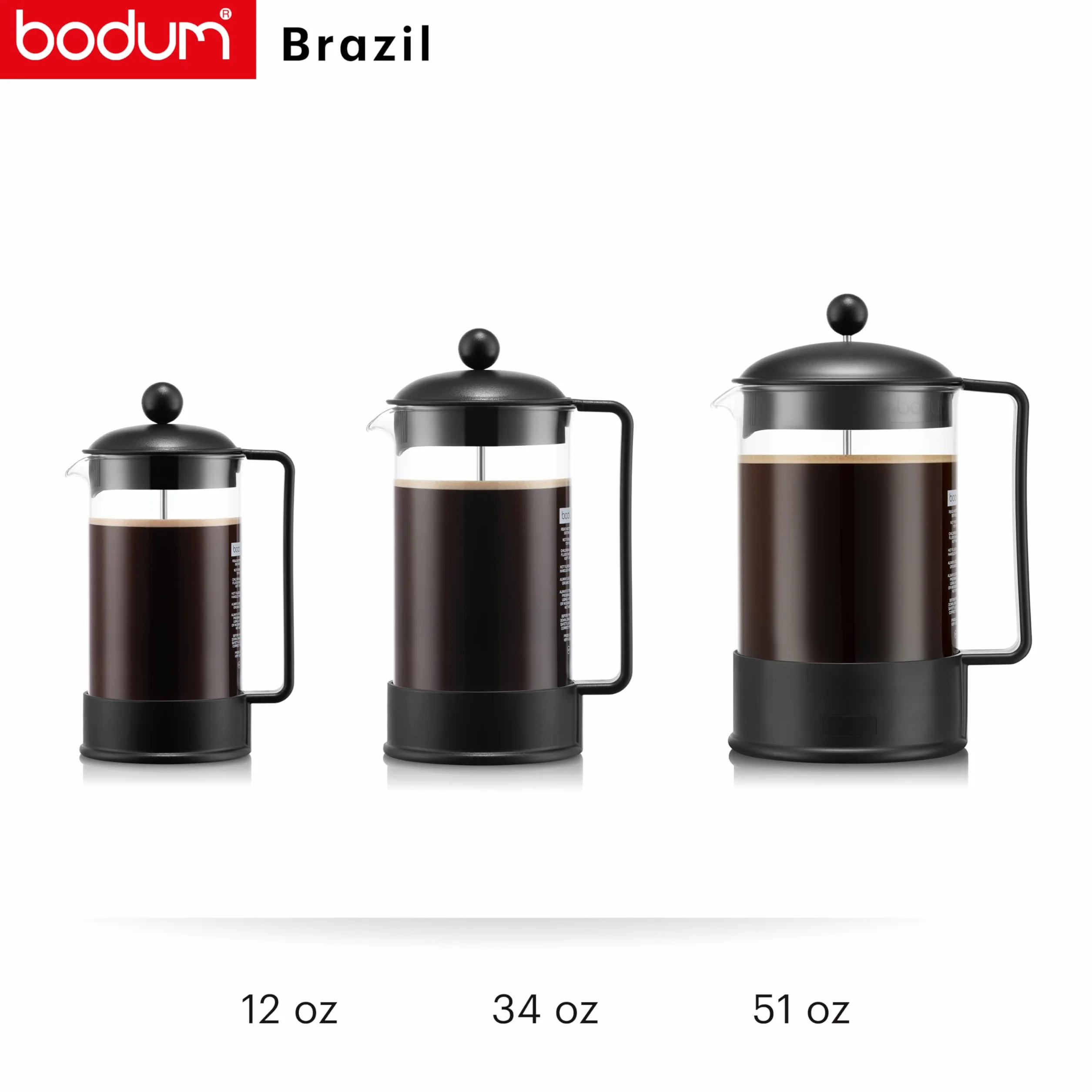 Bodum Cafetière à Piston Brazil 1L Verre Résistant Filtre Acier INOX