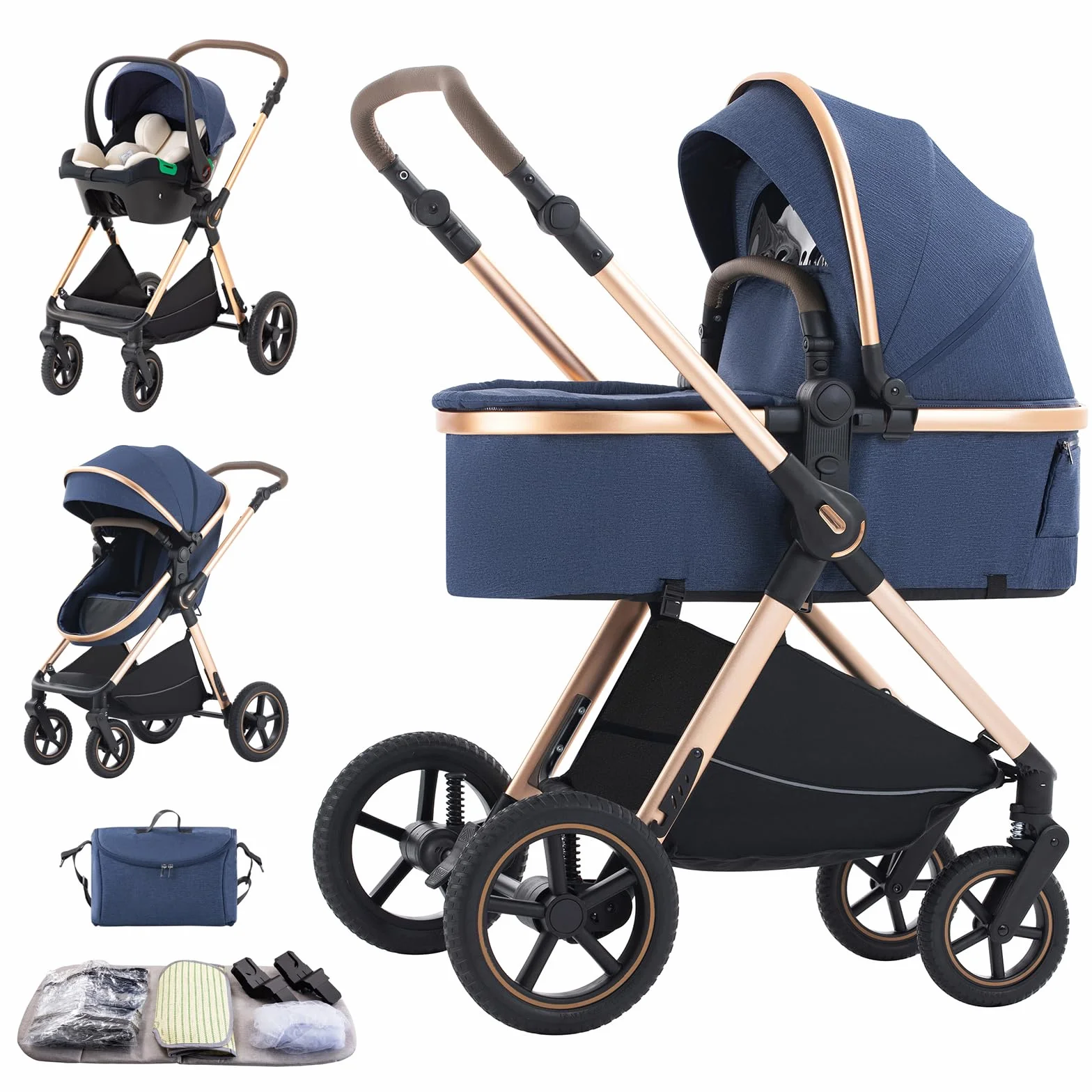 Poussette Combinée 3 en 1 Cadre Aluminium Paysage Haut Poignée Réglable D2 BLUE H2-D