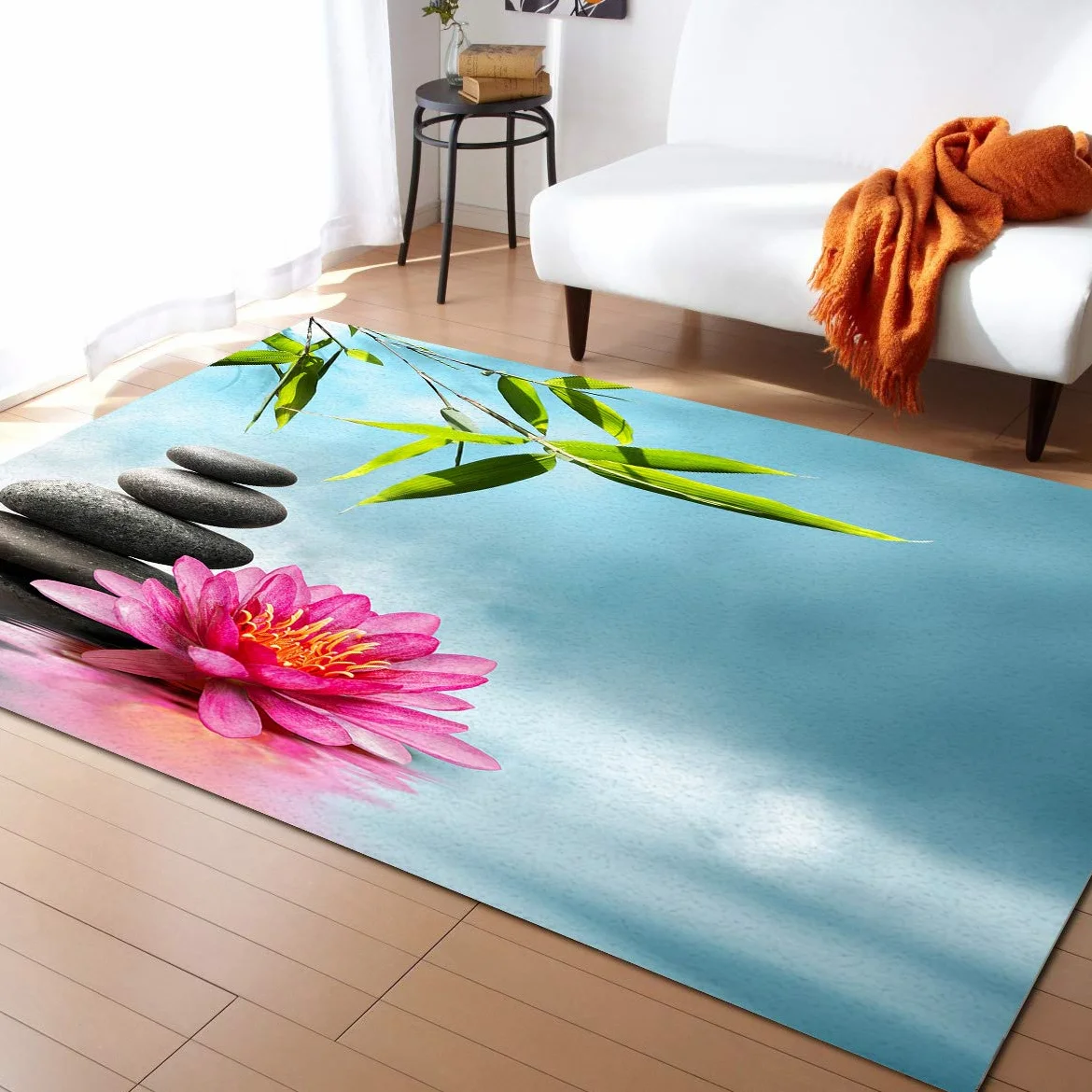 Tapis Salon Méditation Zen Pierre Fleur Et Feuille De Bambou Nature Paysage Indestructible Tapis Zone Lavable,Antidérapant Tapis D'Entrée pour Intérieur Déco Extérieur 120X160Cm