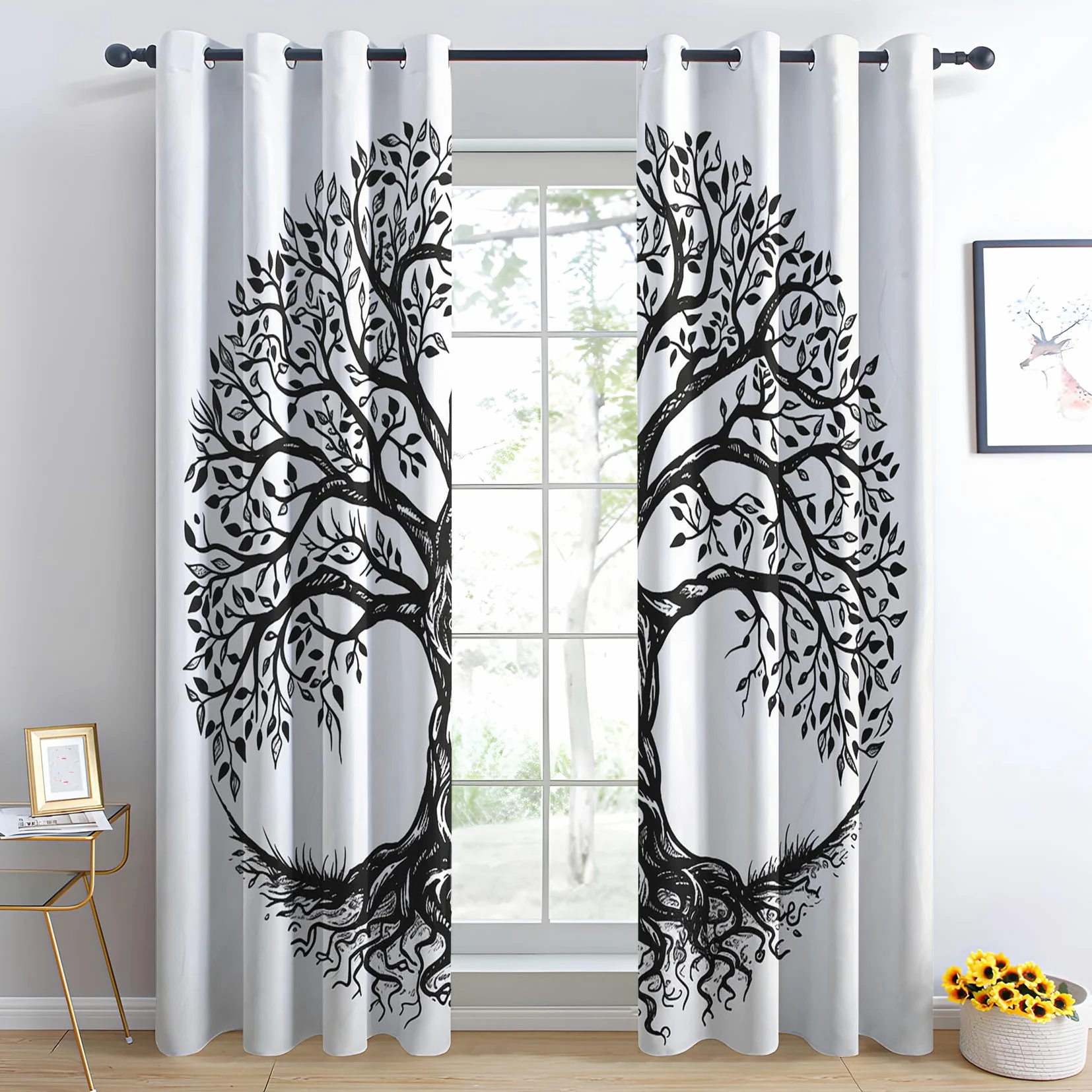 Rideau Occultant Arbre De Vie, Arbre Noir Et Blanc Motif Rideaux Thermiques à Oeillets, Rideaux Imprimé pour Salon Chambre Fenetre Moderne Décoration, 140x200 cm (L x H), Lot de 2