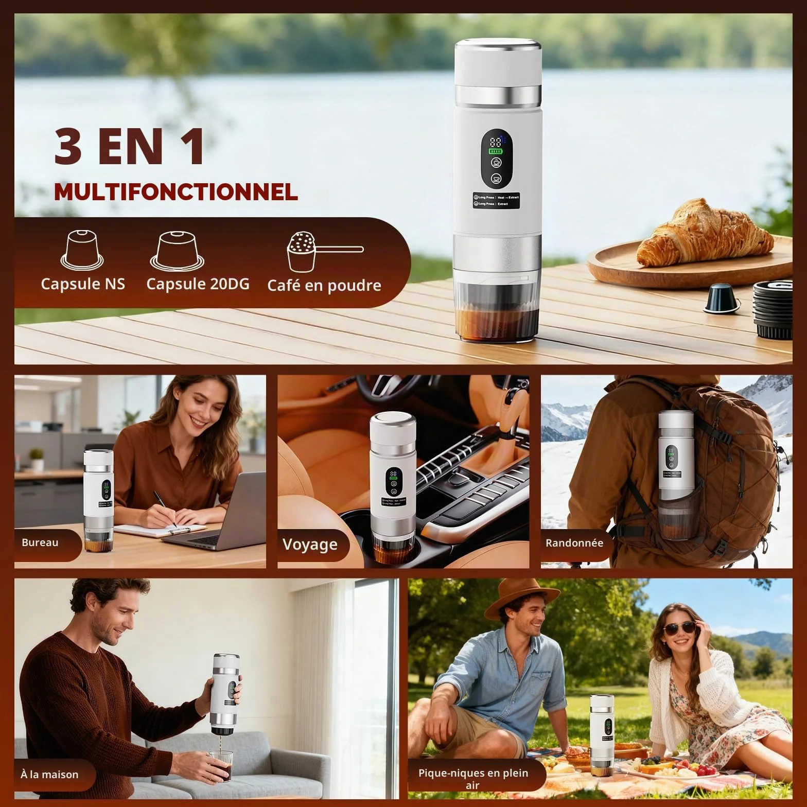 Cafetière Portable 3 en 1,Machine à Café à Capsules Expresso Cafetière Rechargeable avec Batterie 2×7500 mAh,compatible avec Capsules Ness-preso, Dolce-Gusto,pour Camping,Bureau,Voyage