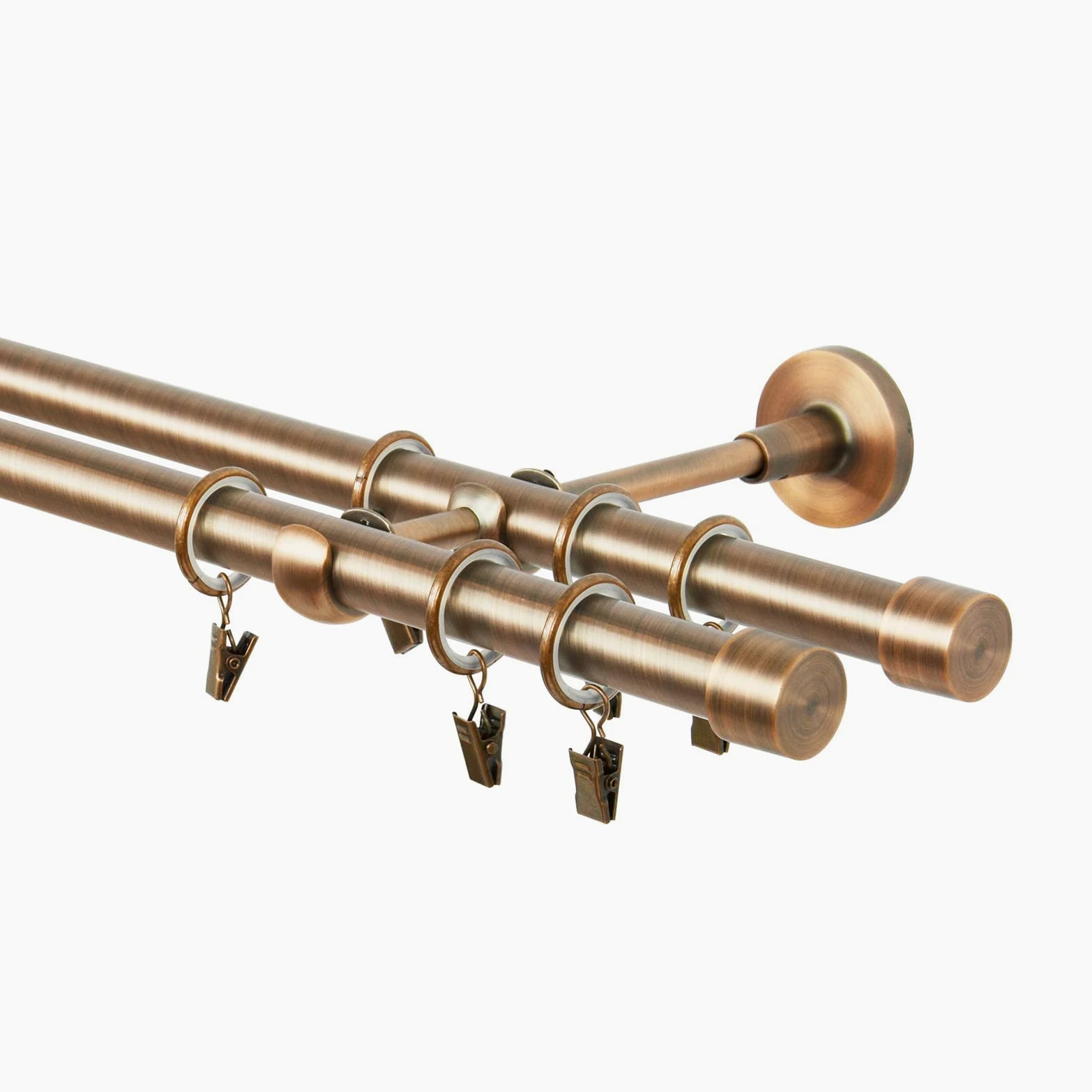 Tringle à rideau cuivre antique, 240 cm, 2 voies, 19 mm, métal, fixation murale, Embout droit