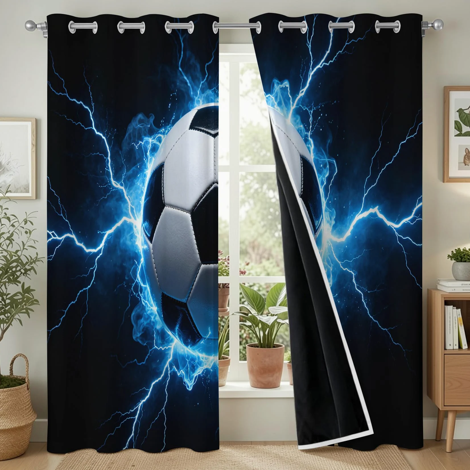 Lot de 2 Rideaux Occultants à Oeillets Football 100x200 cm, 3D Imprimé Rideau Occultant Thermique Isolant Opaque, Rideau Modèle de Football pour Salon Chambre Décoration Fenêtre C/1687