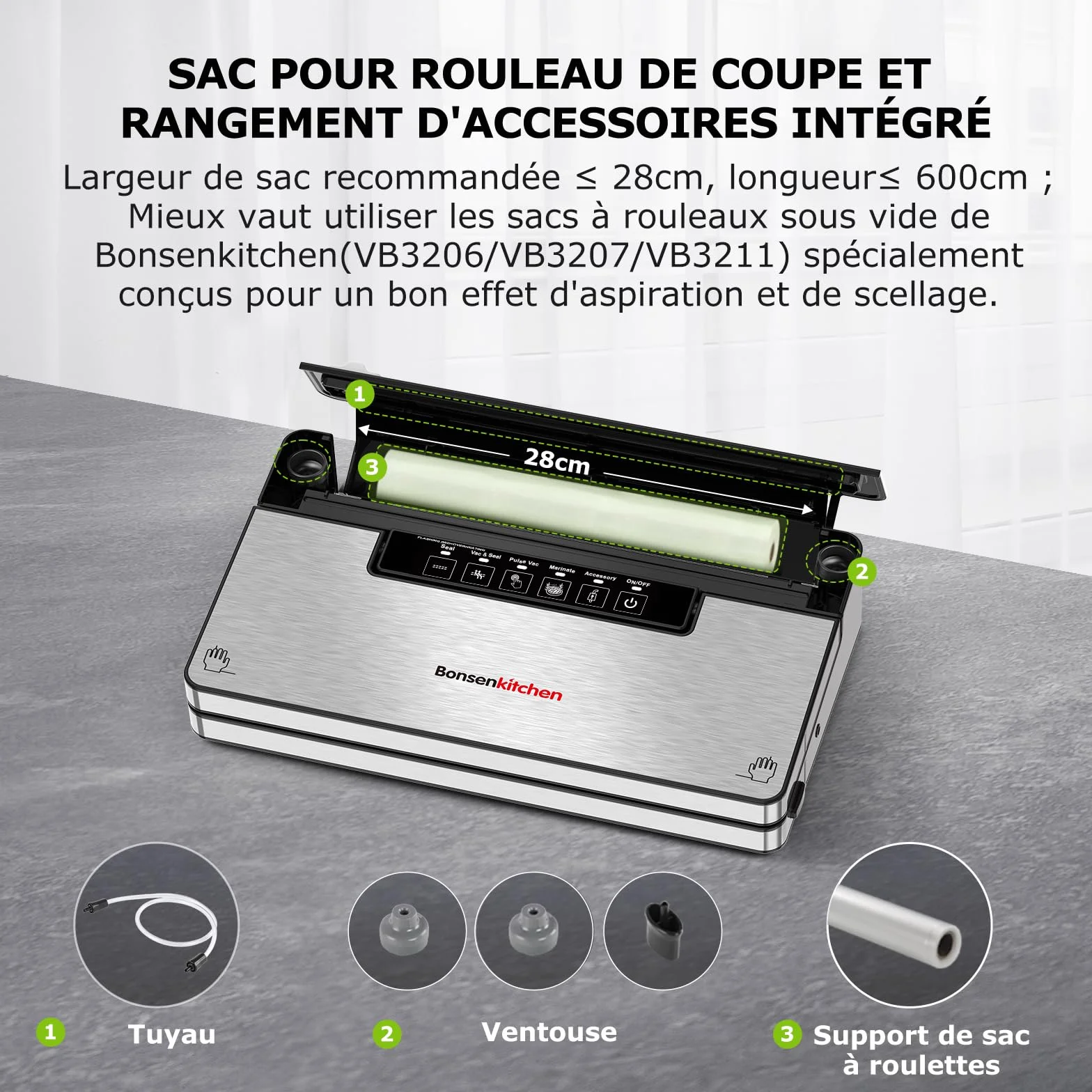Bonsenkitchen Machine Sous Vide Alimentaire, 5 Modes-8 L/min, Technologie Globefish, 5 Sacs Sous Vide et 1 Sac en Rouleau