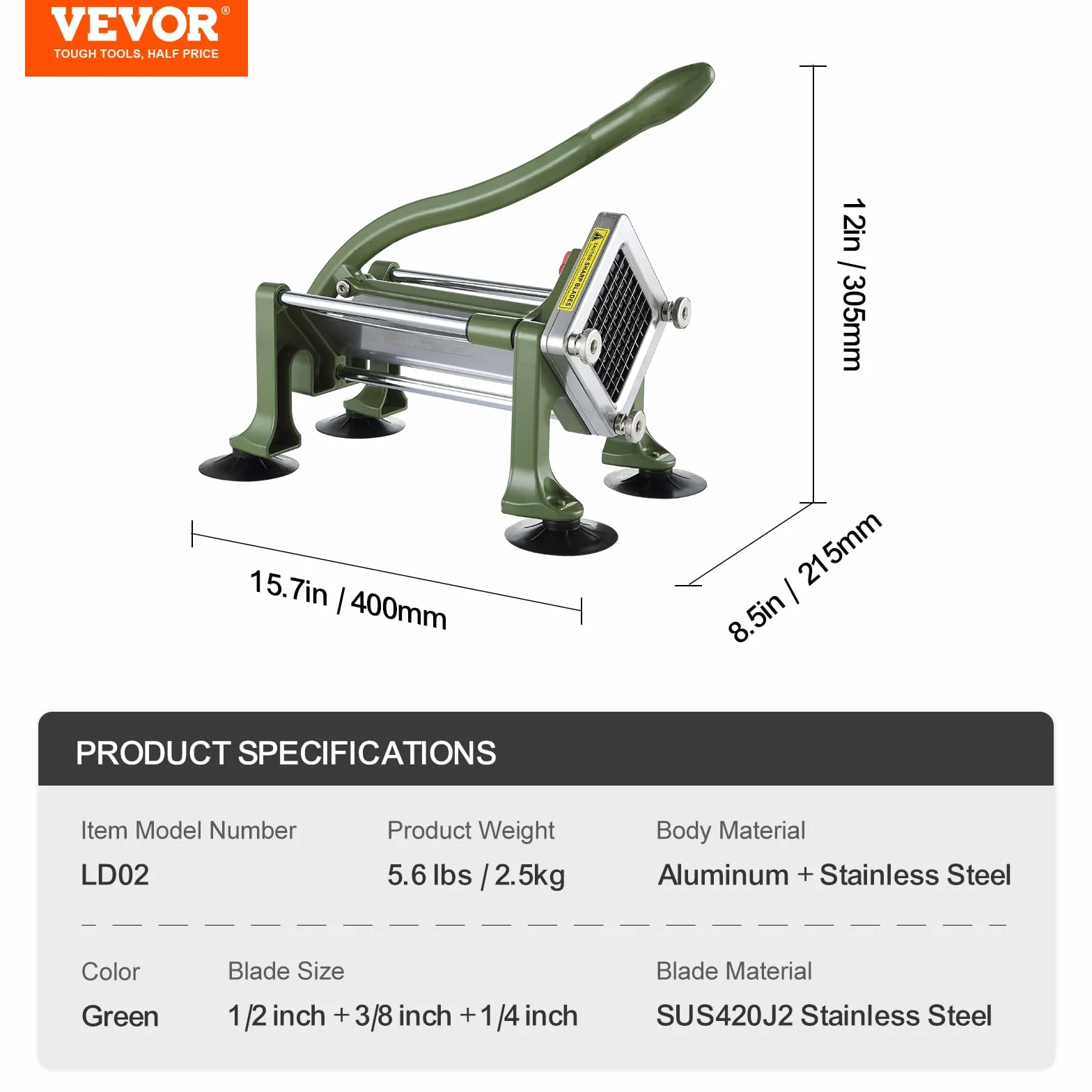 VEVOR Coupe-Frites Manuel, Coupe-Légumes Multifonction Lame Acier Inoxydable 9,5 mm, Coupe Pomme de Terre avec Pieds à Ventouse