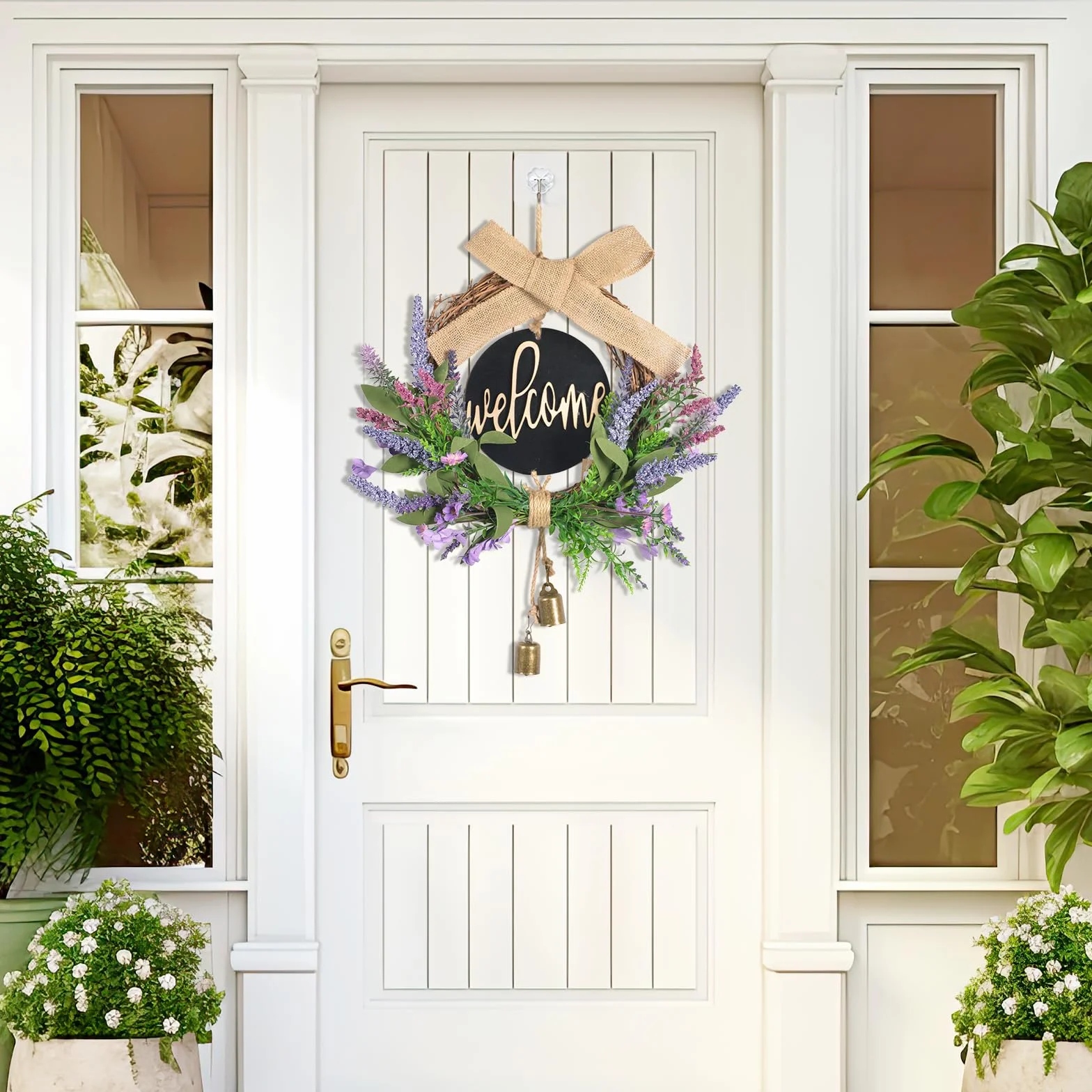 Couronne de Porte Printemps Lavande Artificielle 40cm avec Panneau Welcome, Arcs et Cloches