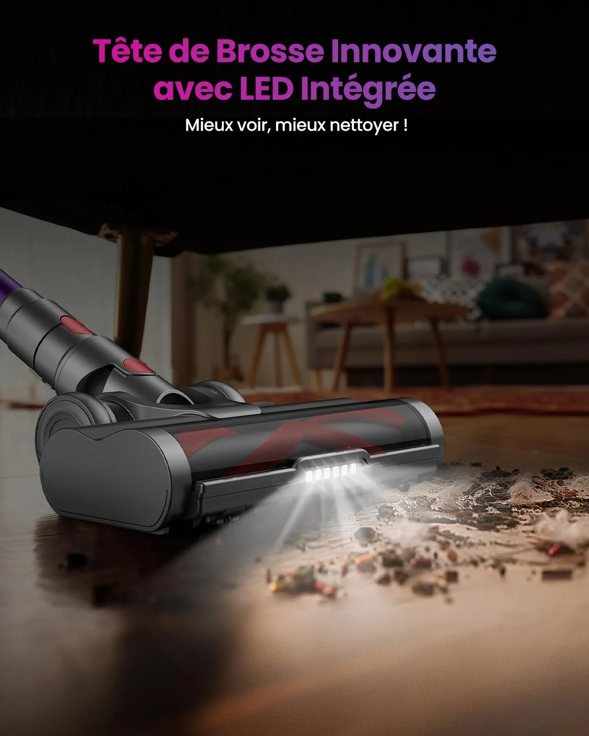 Aspirateur Balai Sans Fil 150Min 55KPA 600W 2 Batteries Brosse Anti-Enchevêtrement Support Mural Rechargeable Écran LED pour Poils d'Animaux Tapis Sols Durs