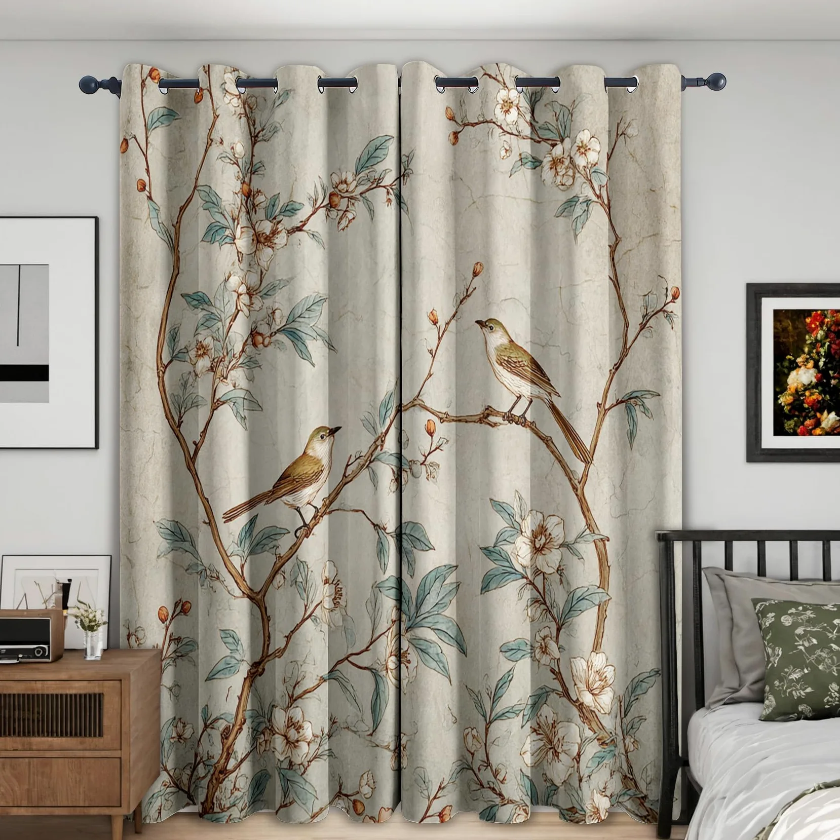 Rideaux Occultant Fleurs Oiseaux, Rideau Isolant Thermique pour Salon Chambre, Motif Branche d'arbre, Lot de 2 Décoration de Fenêtre Opaque 140x200cm LxH, à Oeillets
