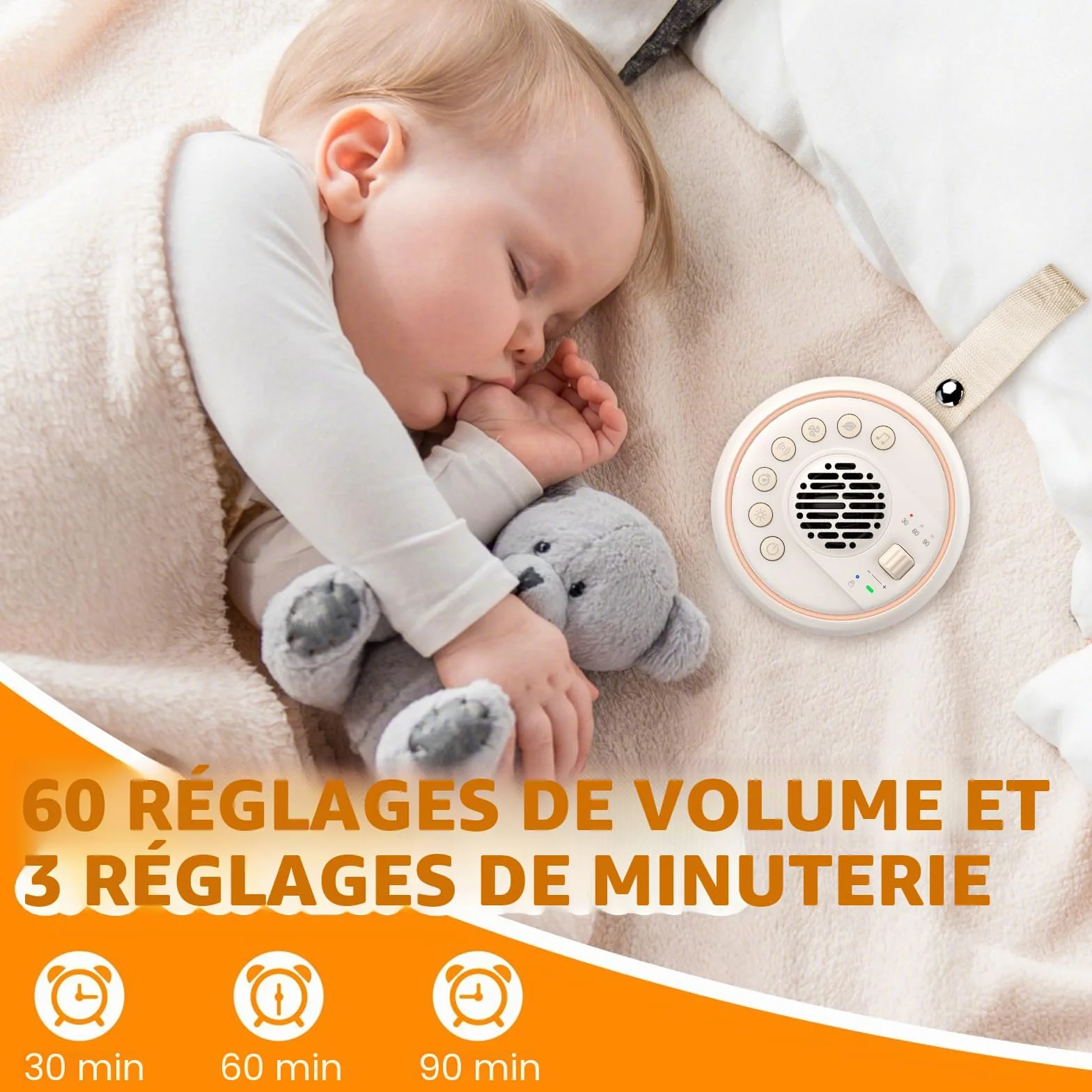 Machine à Bruit Blanc Portable pour Bébé, 22 Sons Apaisants, 60 Niveaux de Volume, 2000mAh Batterie, Enceinte Bluetooth