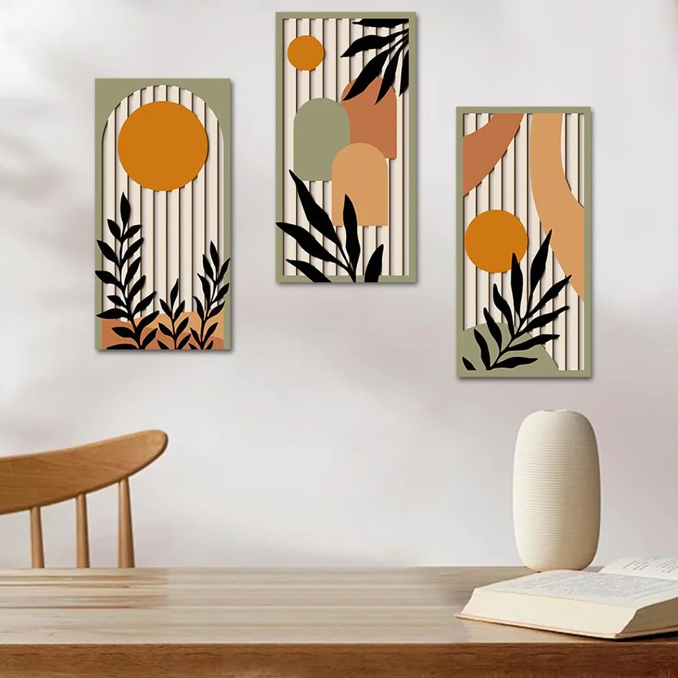 KiKiHong Décoration Murale en Bois Set de 3, Tableaux Murs Bois Motif Plantes & Géométrique Moderne 40 x 20 cm