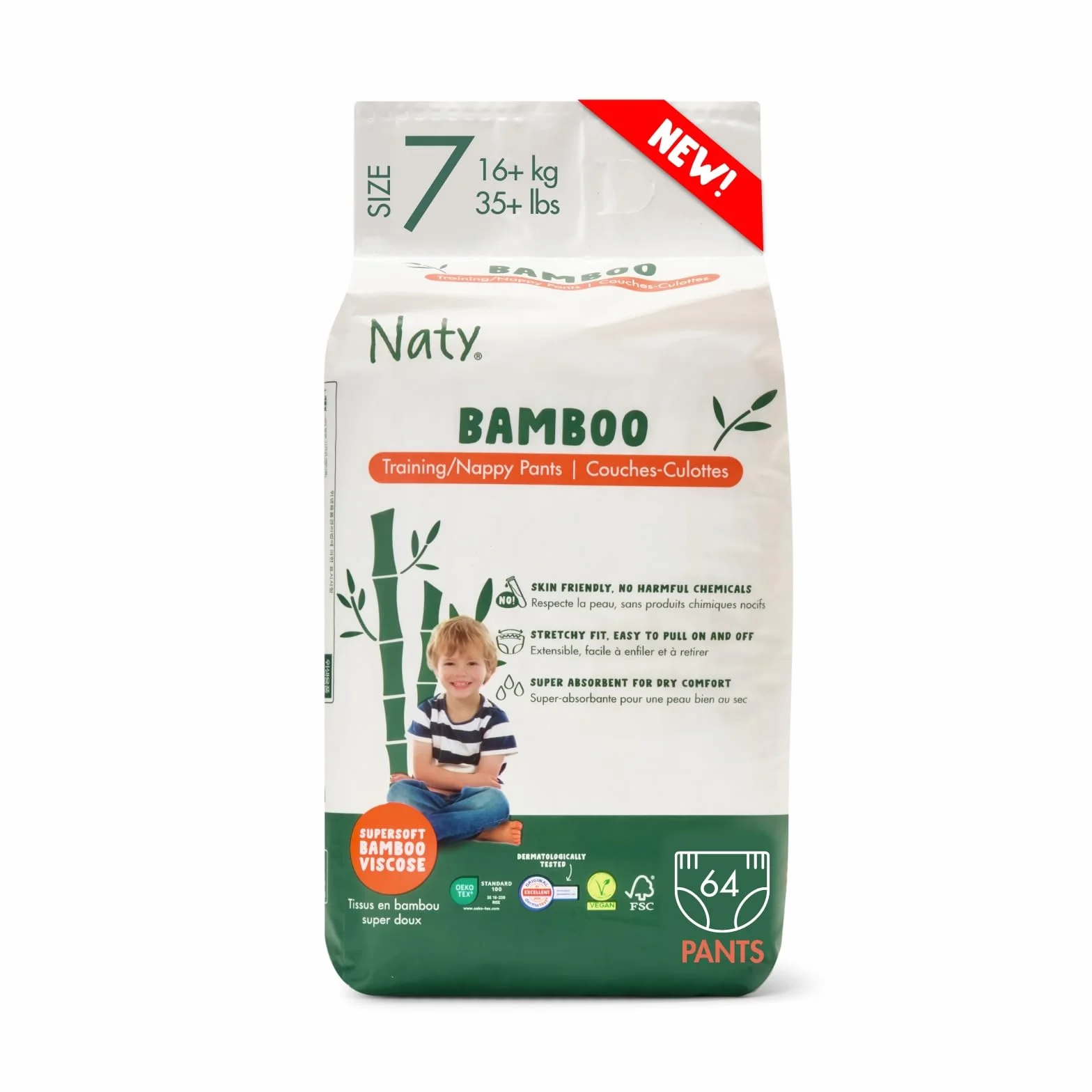Couches-Culottes en fibres de bambou Naty Bamboo Taille 7 64 unités Hypoallergéniques Super absorbantes