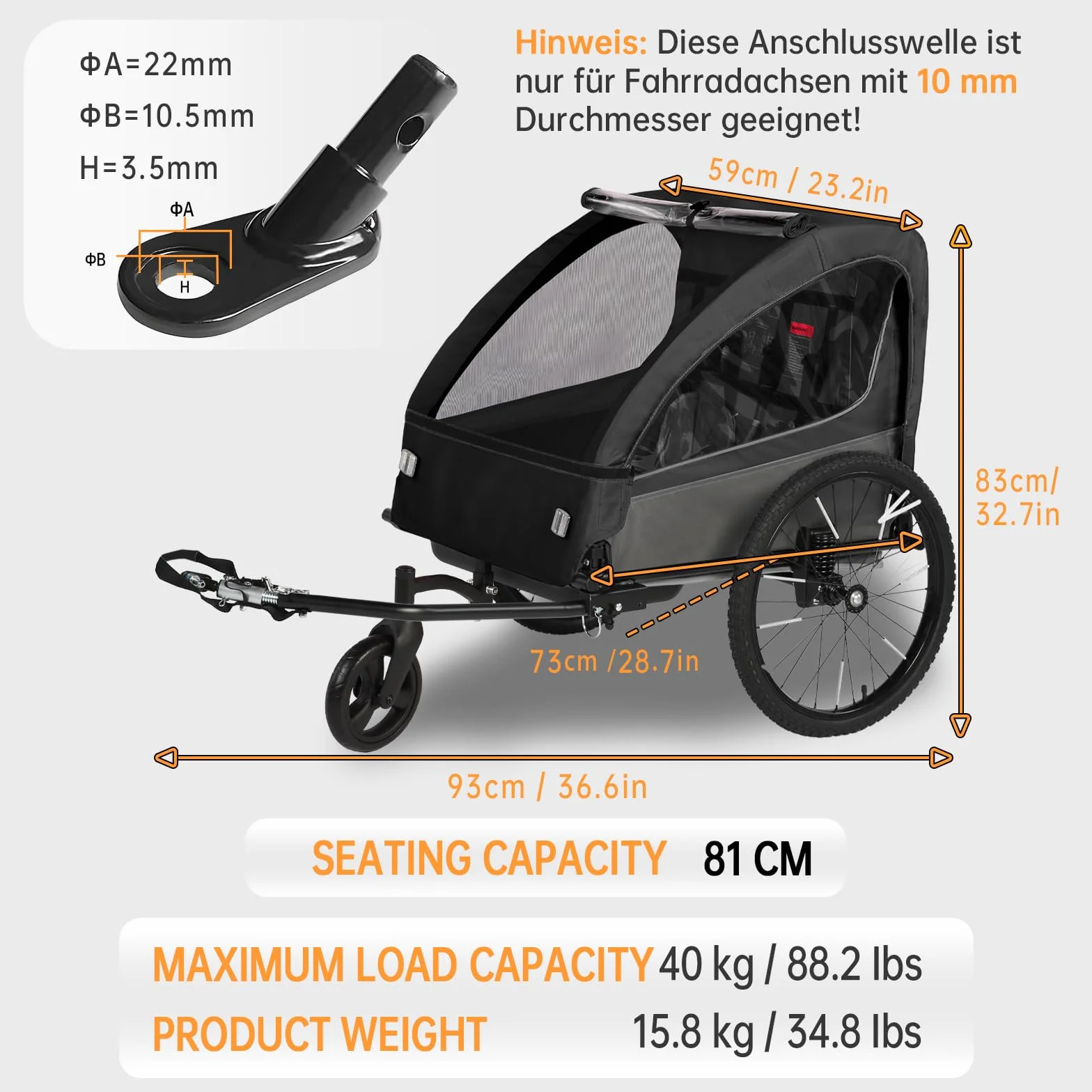 Remorque vélo 2 en 1 pliable pour 1 à 2 enfants avec suspension, poussette jogging grand rangement