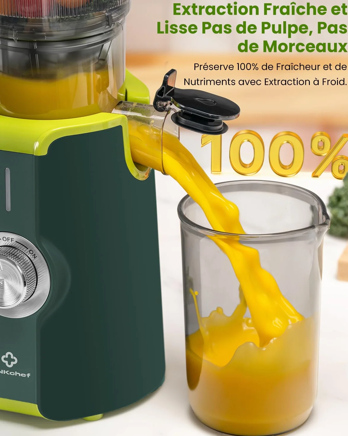 LINKChef Extracteur de Jus Vertical Slow Juicer 200W Goulot Large 115 mm Fruits Légumes Entiers Sans BPA Vert