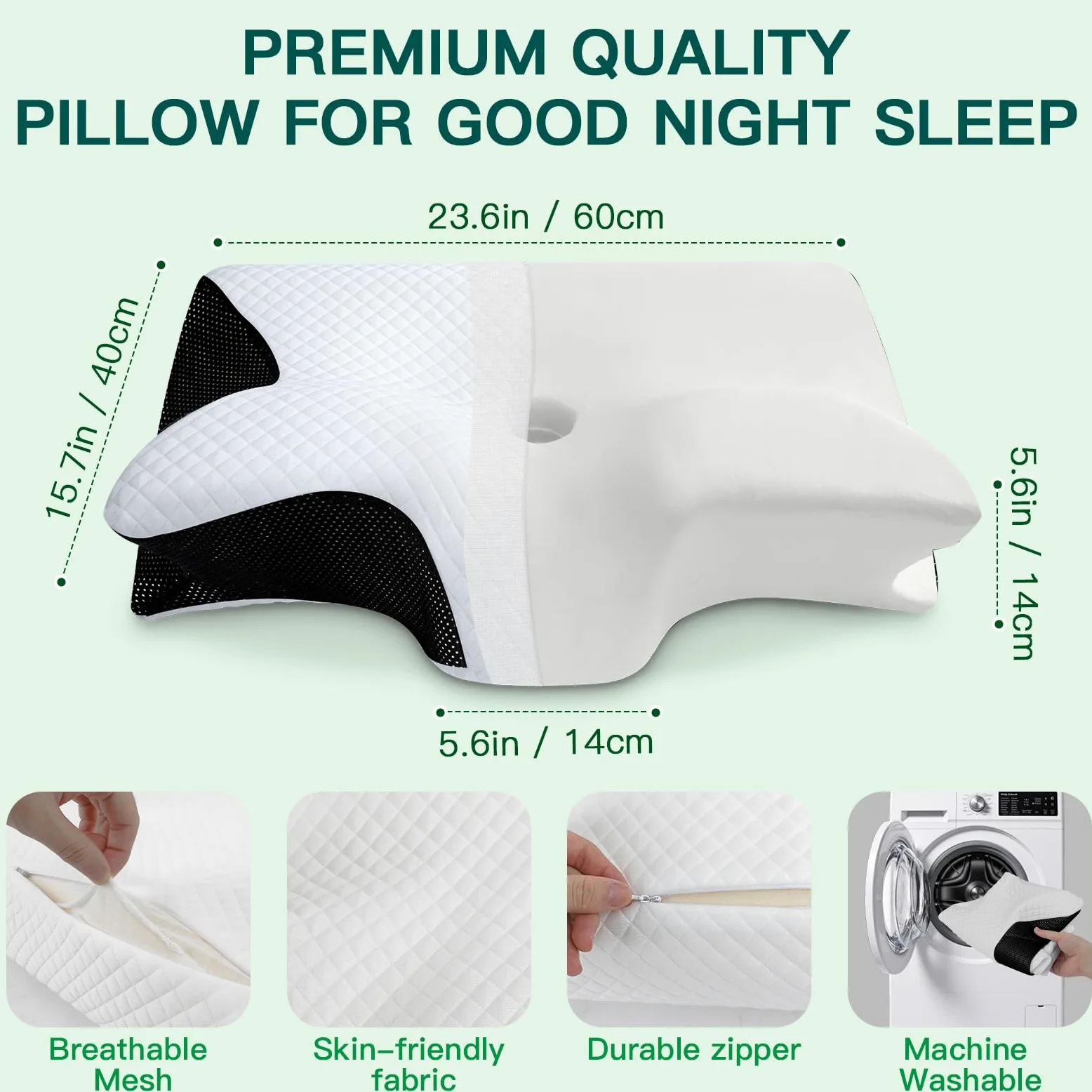 Oreiller Cervical Mémoire de Forme, Noir, 60x40x12/14cm | 2 en 1 Oreiller pour la Nuque pour Dormir Support pour Dormeurs de Côté, de Dos et sur Le Côté/Dos/Ventre