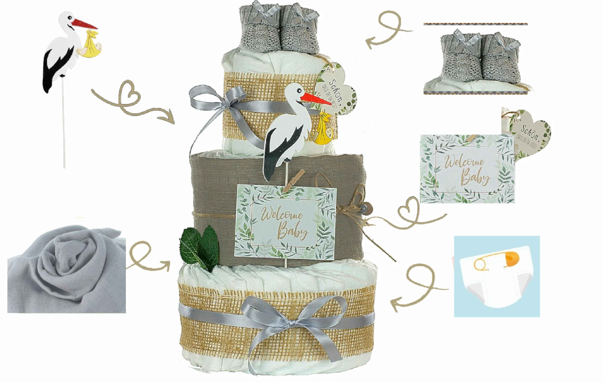 Gâteau de couches 3 étages Cigogne avec bottines bébé et couche en mousseline gris