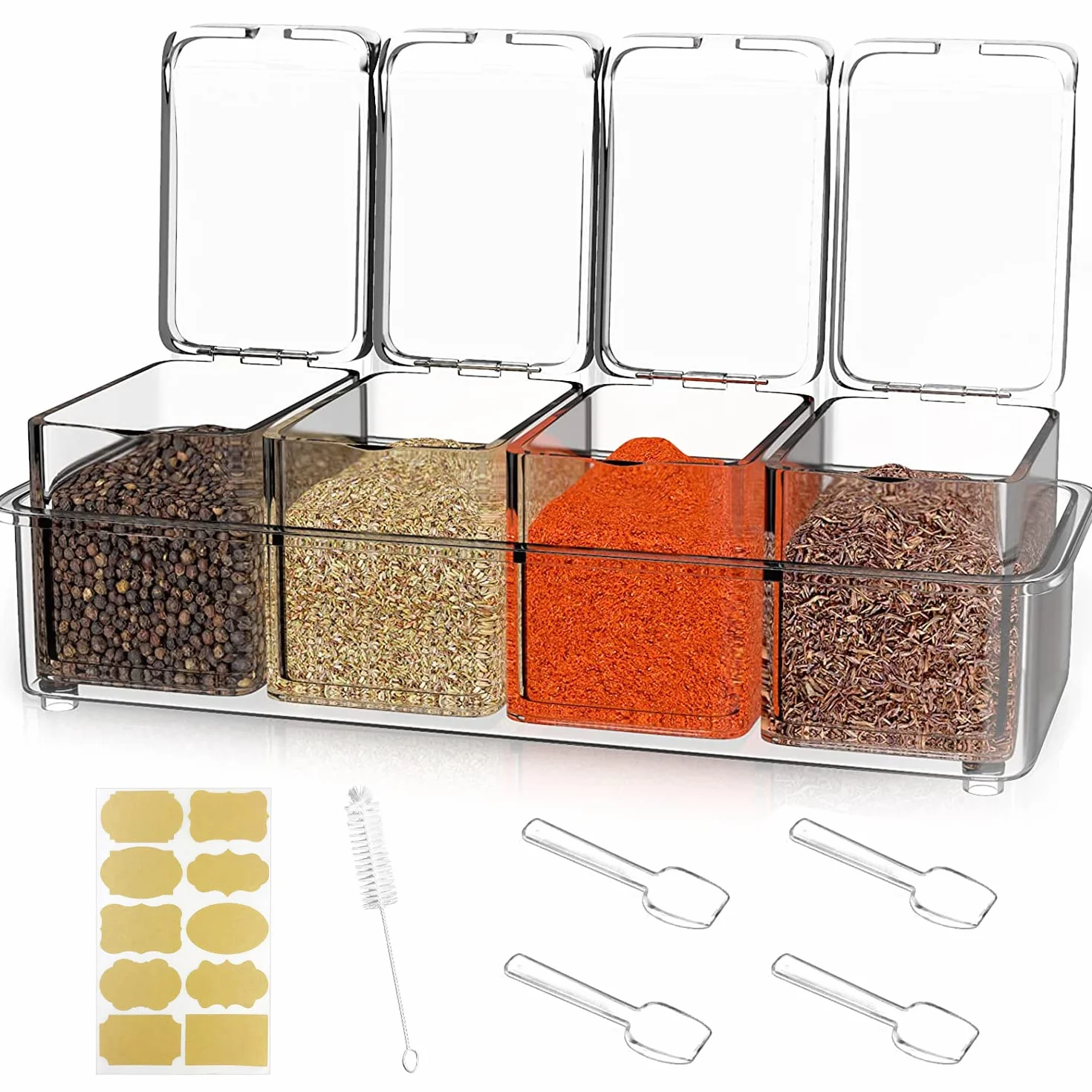 Plastique Boite a Epices Cuisine avec Cuillere 4 en 1 pour Camping Rangement de Condiments