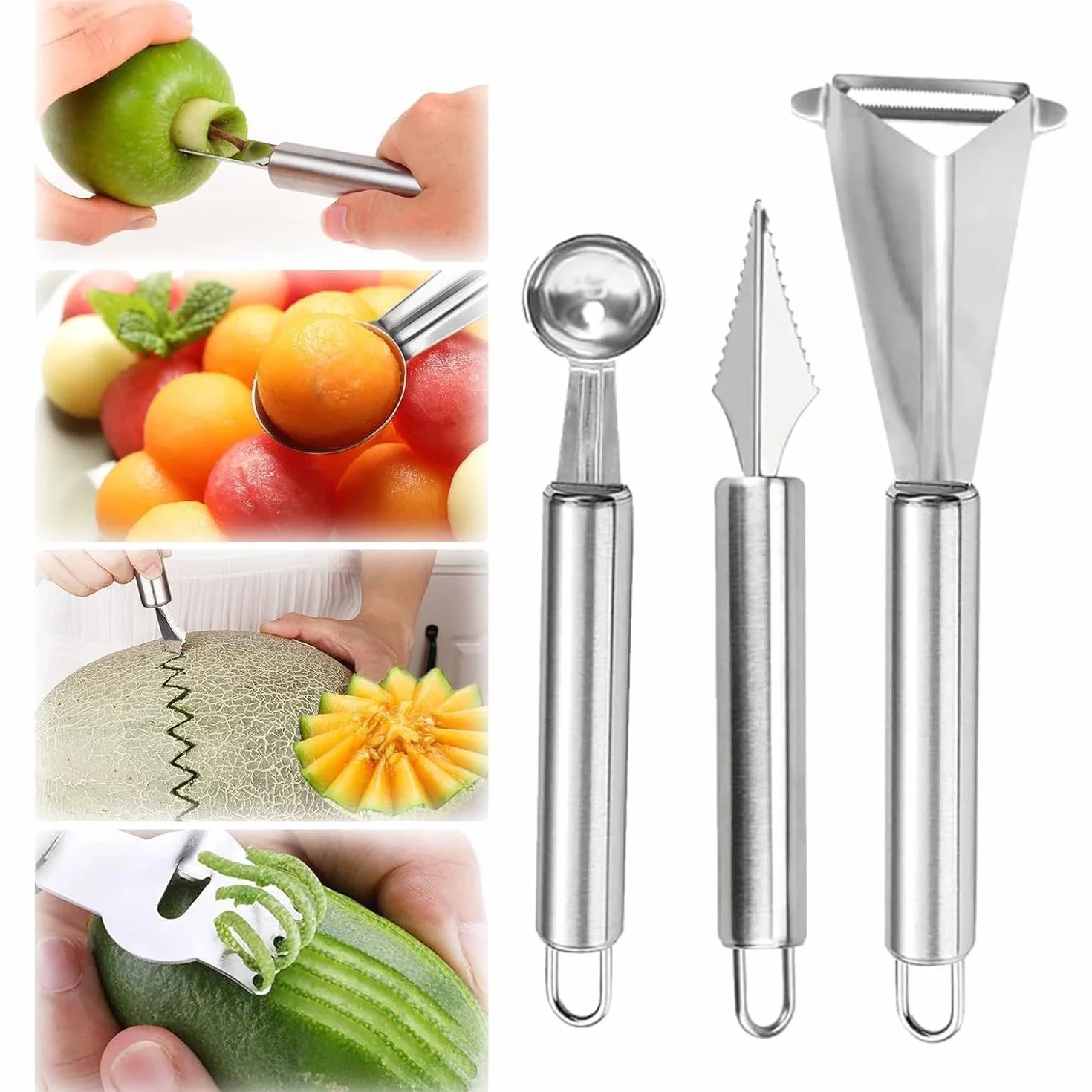 Couteau Sculpture Fruits Acier Inoxydable Pousse-Pomme Cuillère Boule Melon 3 Pièces