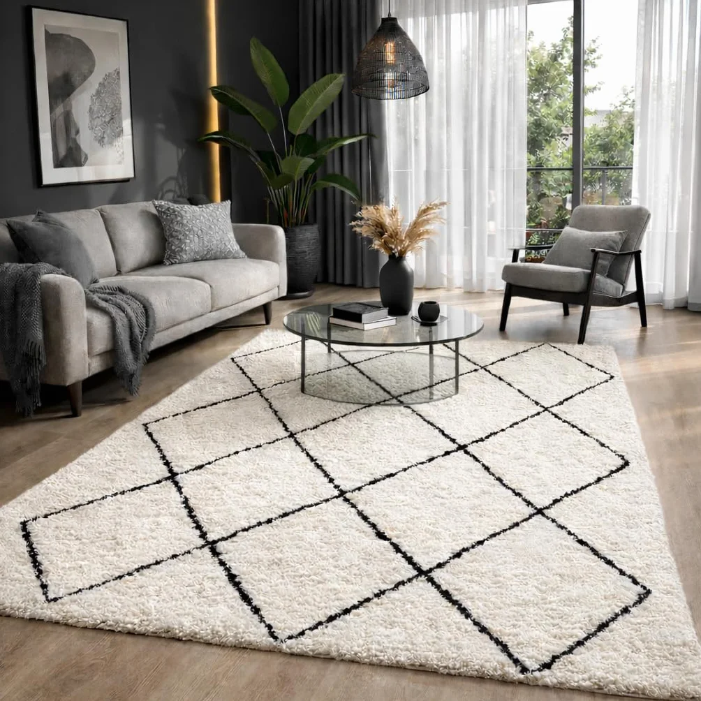 Bahar Shaggy Tapis de Salon à Poils Longs 160 x 230 cm Crème/Noir