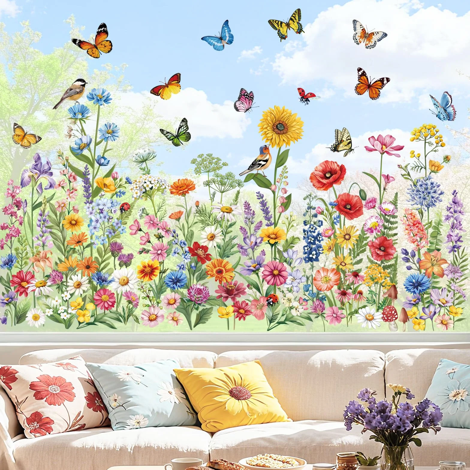 Decalmile Autocollants Fenêtre Fleur de Jardin Anti-Collision Stickers Floral Papillon Tournesol