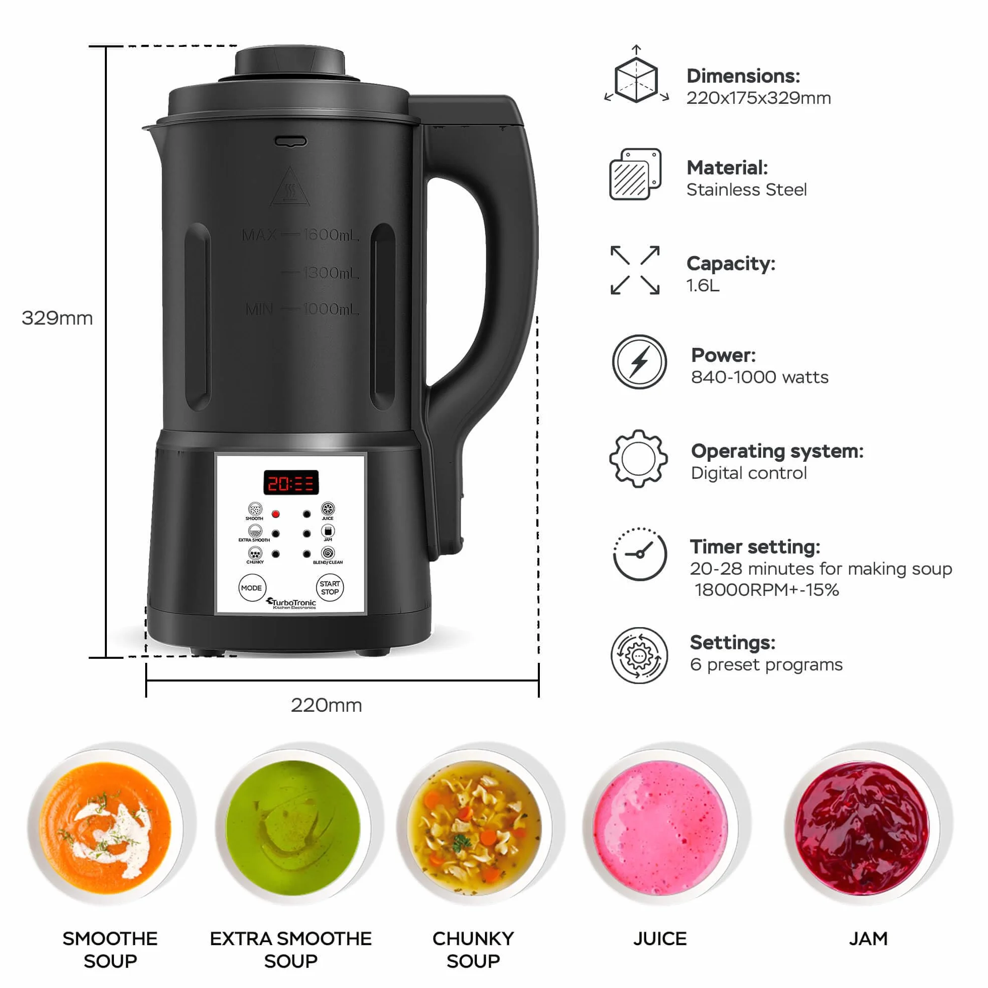 TurboTronic Mixeur à Soupe 1,6L 1000W 6 Programmes Multifonction pour Soupes Smoothies et Alimentation pour Bébés