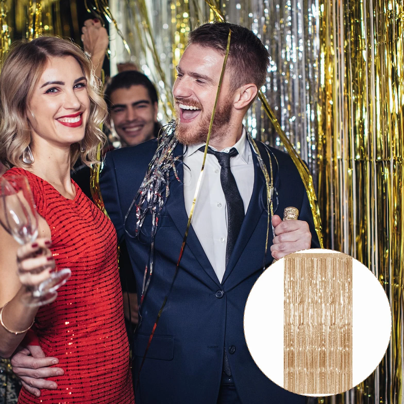 Rideau Anniversaire Or Champagne 5 Pièces 1m x 2m, Rideau Métallique Frange Paillettes Scintillants pour Décoration Fête Mariage Noël