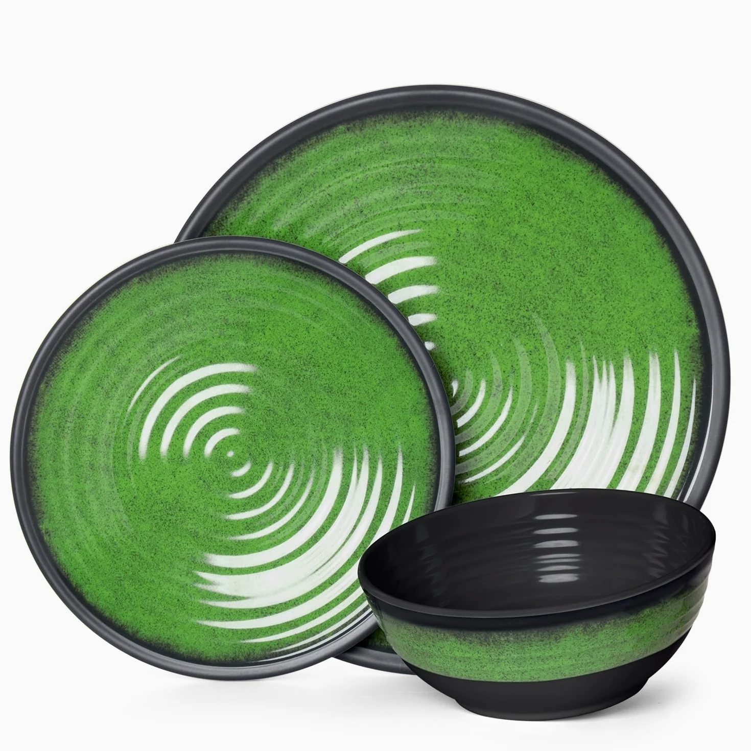 Vaisselle de table de camping en mélamine pour 4 personnes - 12 pièces - Passe au lave-vaisselle - Service de pique-nique - Vaisselle de camping - Design vert pierre