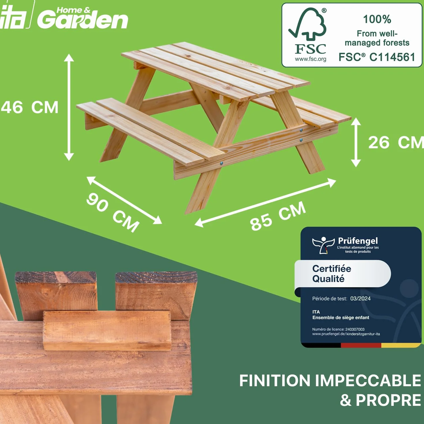 Table de Pique-Nique pour Enfants en Bois avec 2 Bancs, Ensemble FSC, Marron