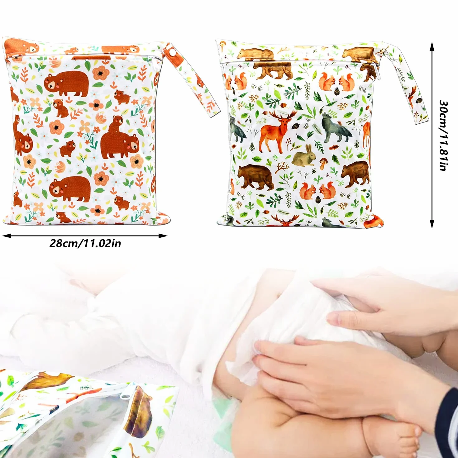 Sacs à Couches Lavables Étanches pour Bébé 2 Pièces Faune