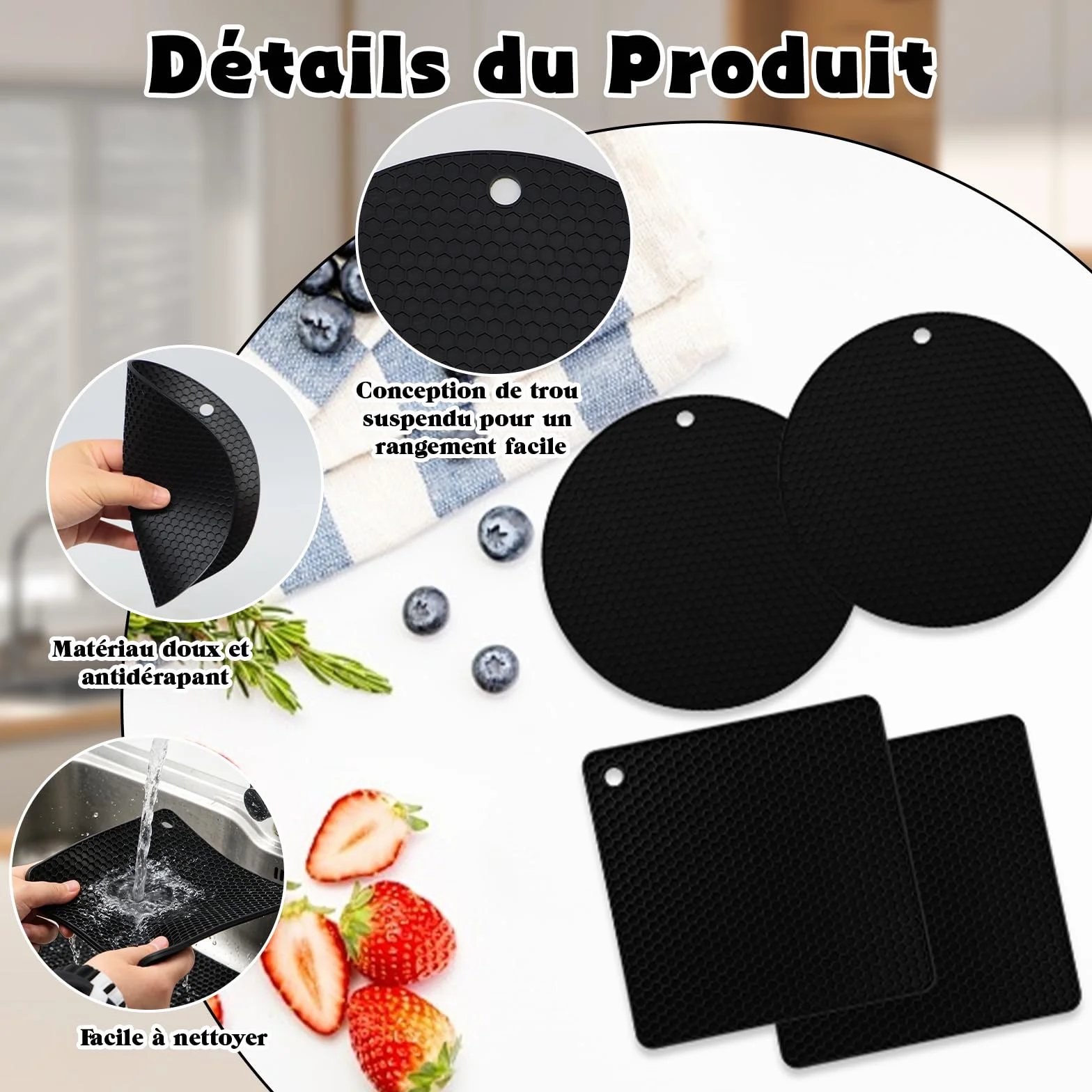 Scettar 4 Pcs Dessous de Plat en Silicone Noir pour Casseroles et Poêles Chaudes