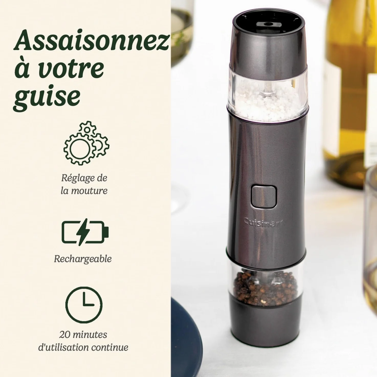 Cuisinart Moulin à sel et à poivre électrique - Moulin à assaisonnement rechargeable - Aucune pile requise, chargement en 20 minutes - Capuchon doseur - Réglages de mouture ajustables - Bleu