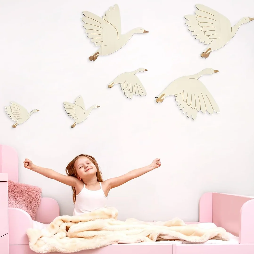 Autocollant Mural Enfant Cygne Décoration Murale en Bois 6 Pièces