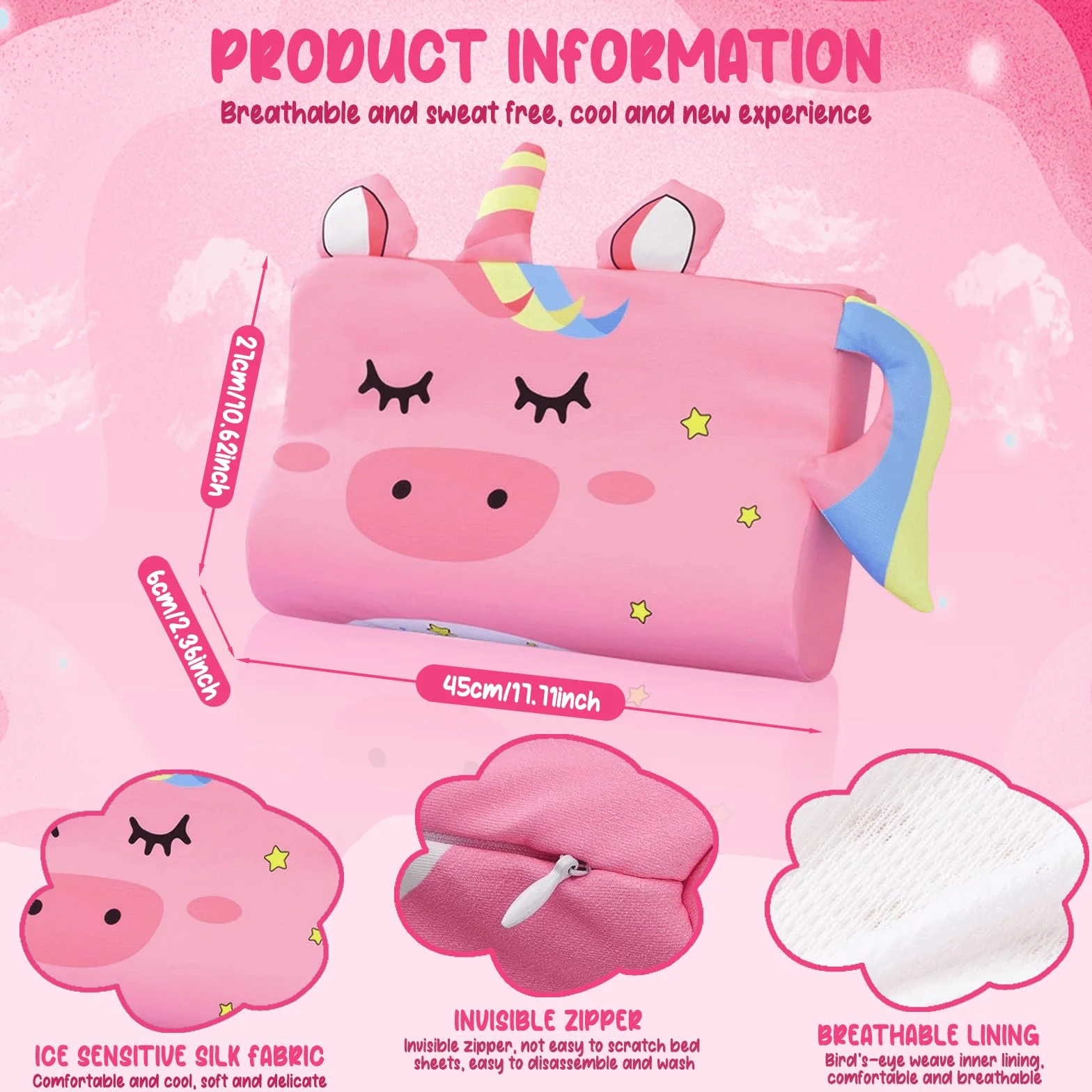 Oreiller Enfant 46x27cm Coussin Bébé Ergonomique Respirant Détachable 2-8 Ans