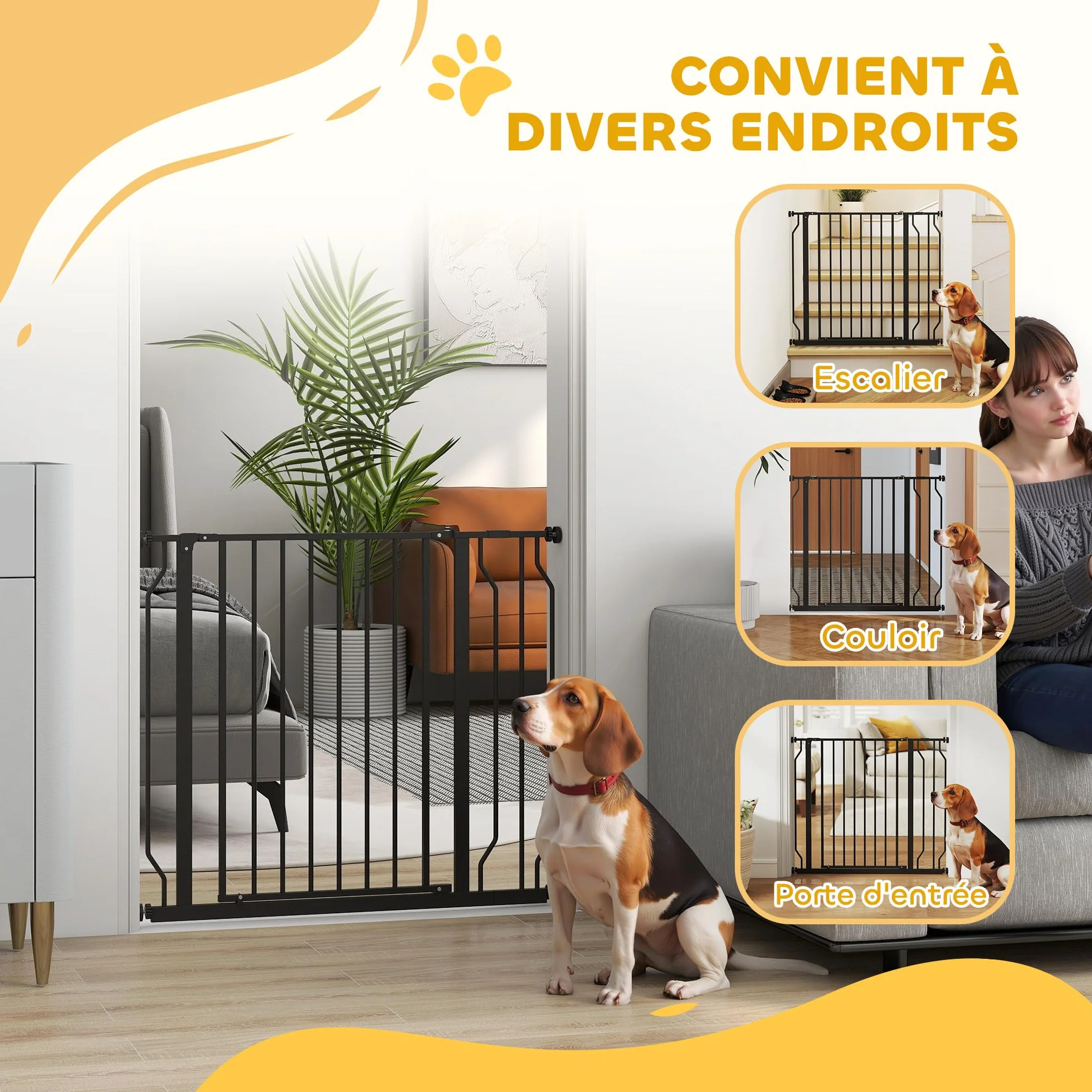 PawHut Barrière de sécurité Chien extensible 75-95 x 76 cm Acier ABS Noir