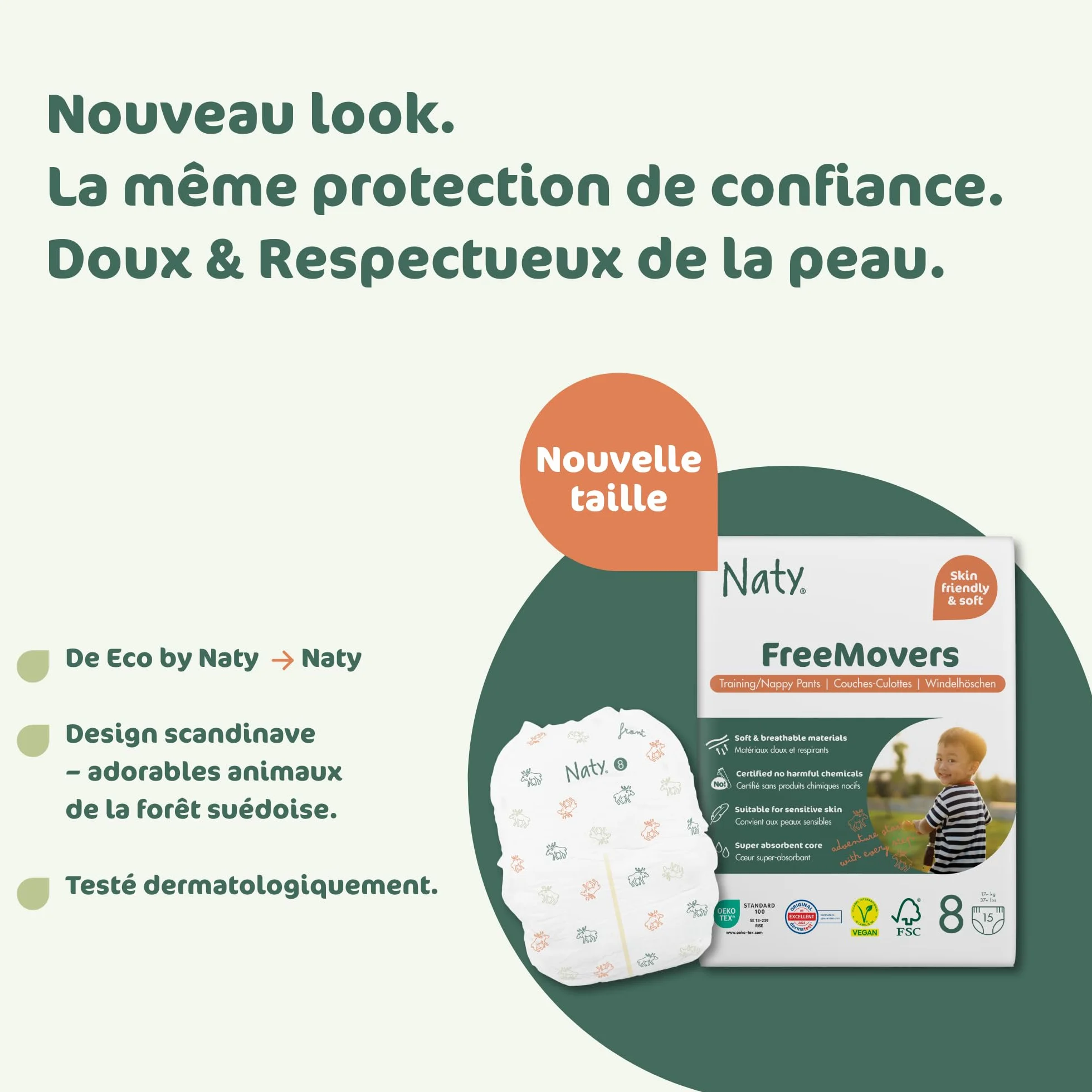 Naty FreeMovers Couches-Culottes Taille 8 (17+ kg) 60 Unités Anti-Fuites 12h Hypoallergéniques Peaux Sensibles