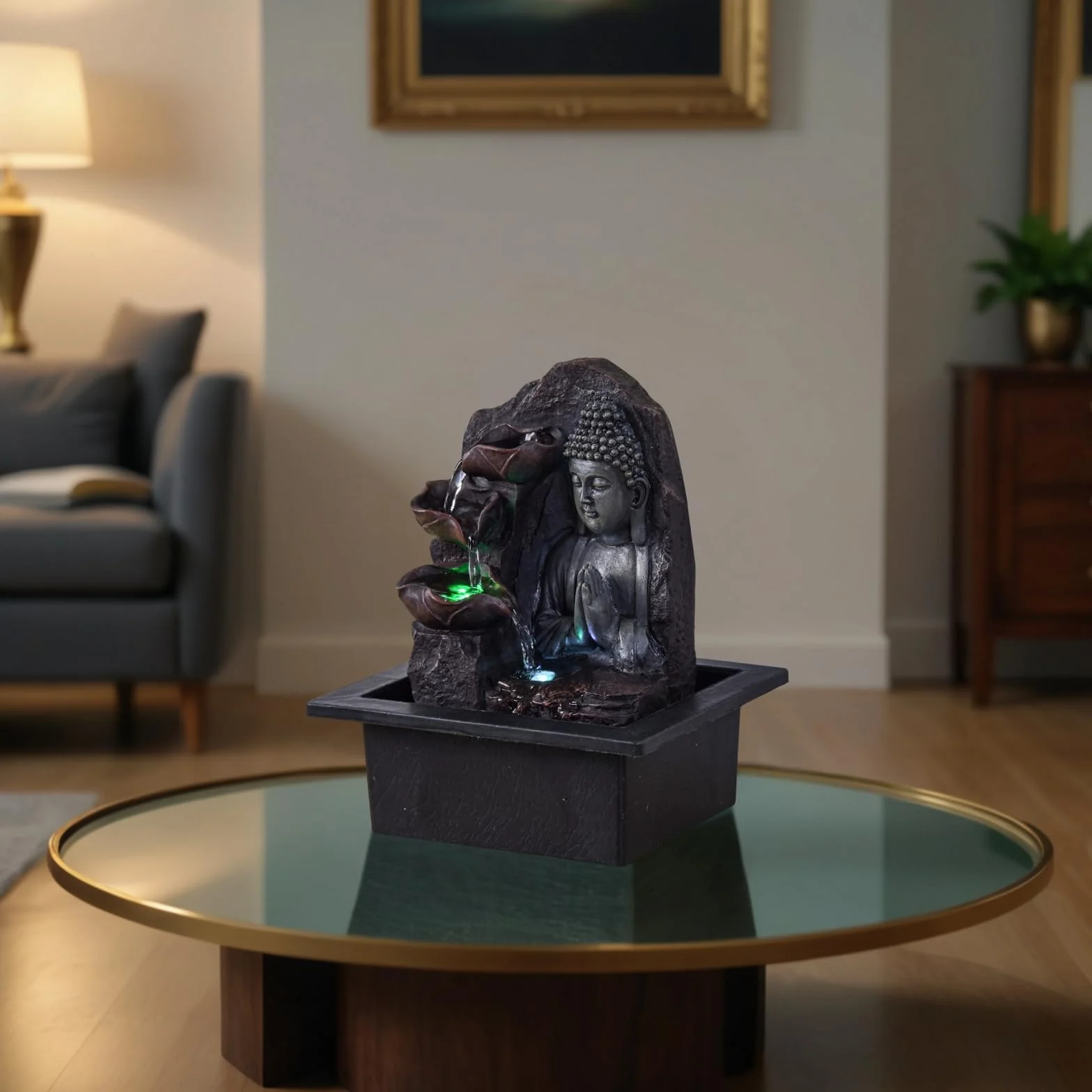 Fontaine d’Intérieur Cascade Bouddha Lotus LED Lumière Colorée Feng Shui 21 x 21 x 26 cm
