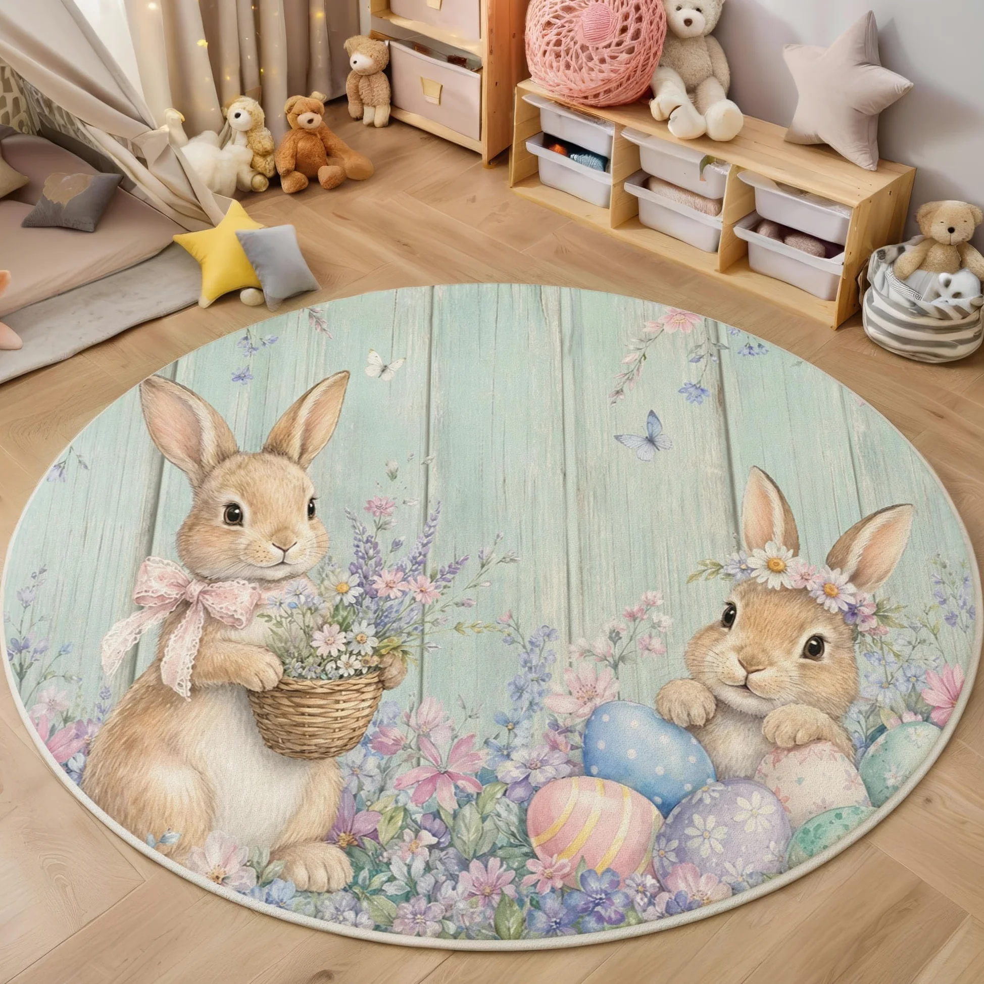 Tapis Rond Lavable Antidérapant Lapin De Pâques Mignon | Campagne Fleurs Grain De Bois Rond Tapis 120 Cm Doux Poil Ras Pour Salon Chambre Bureau, Vert Menthe Moquette Circulaire
