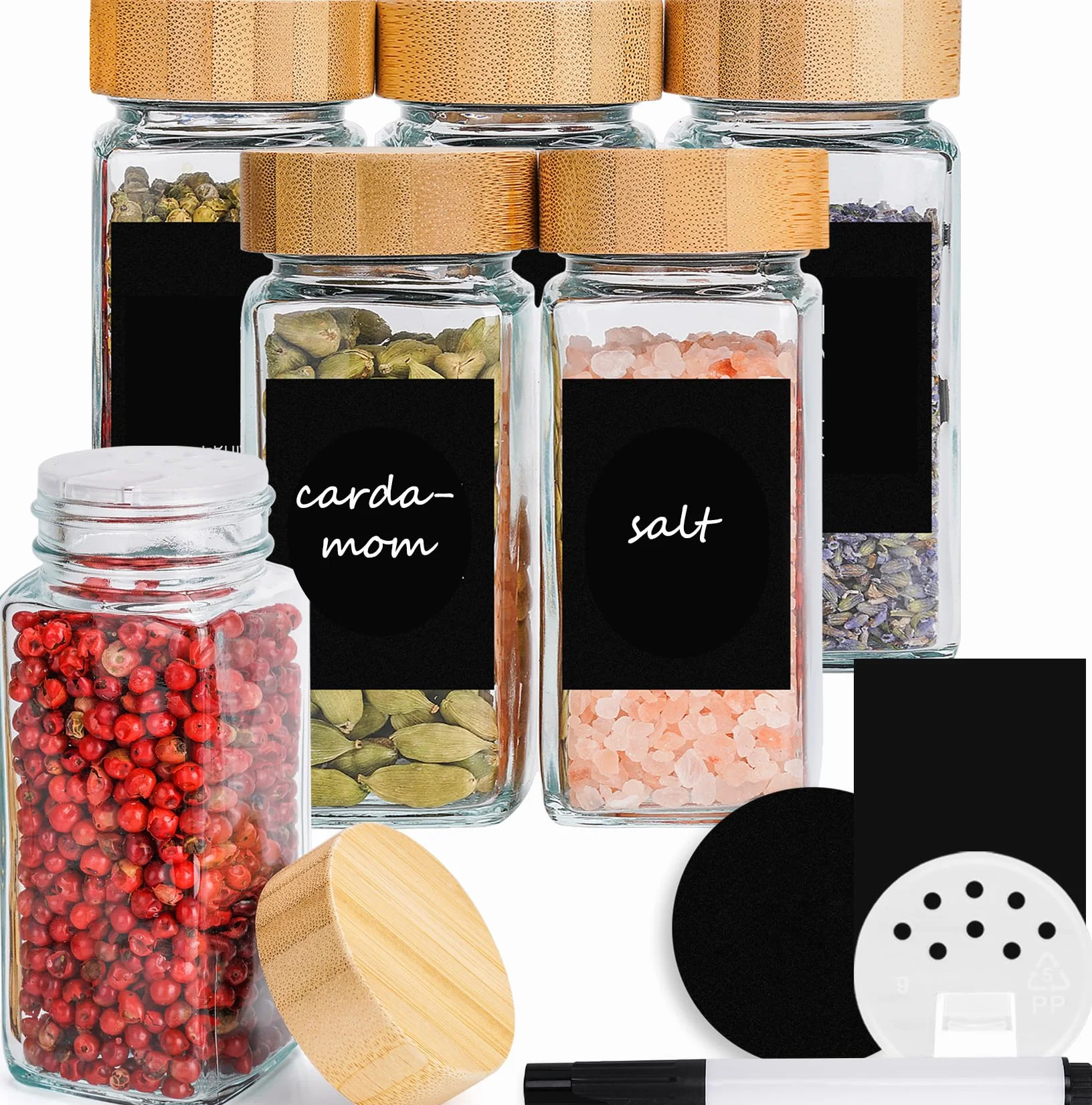 Pots à épices carrés 120 ml lot de 6 avec saupoudreur couvercles bambou étiquettes noires