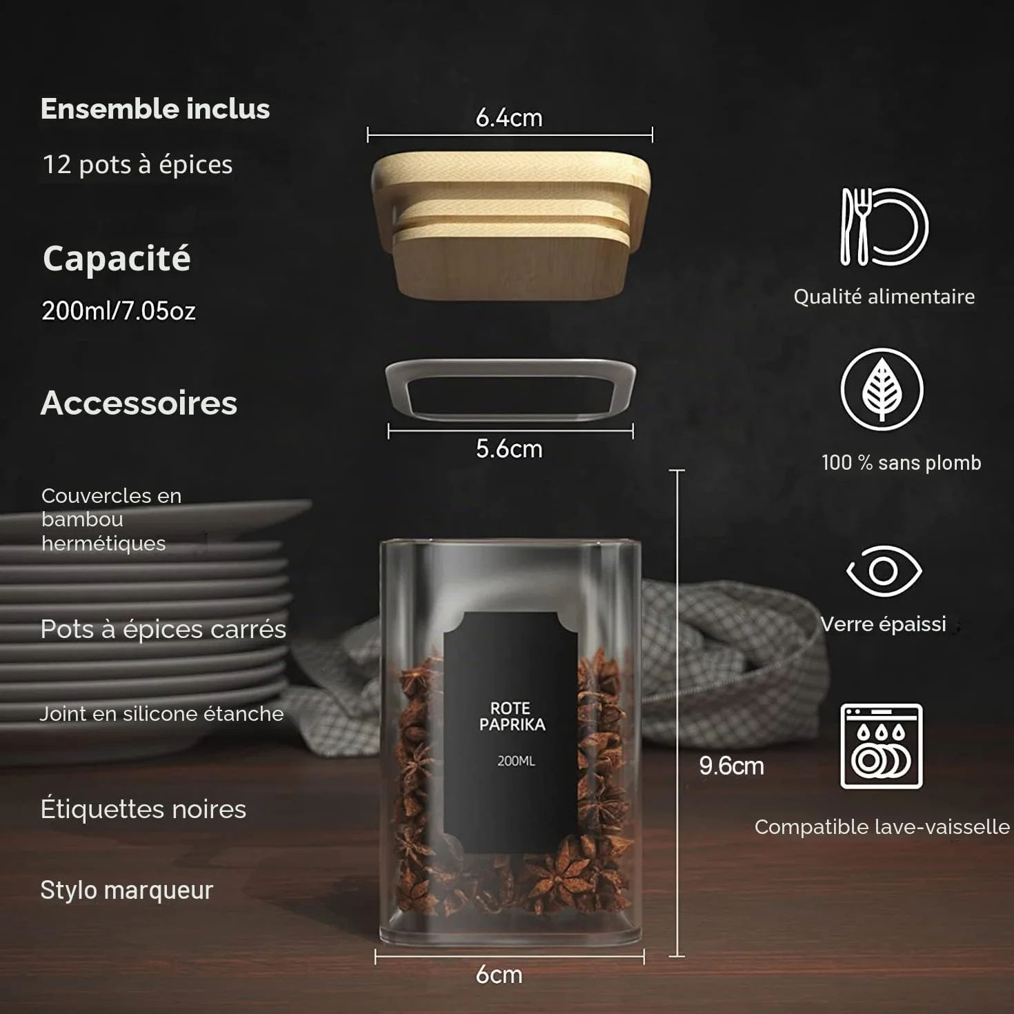 Set de pots à épices carrés 12x200ml, bocal verre avec couvercle bambou, bocaux hermétiques étiquettes marqueurs