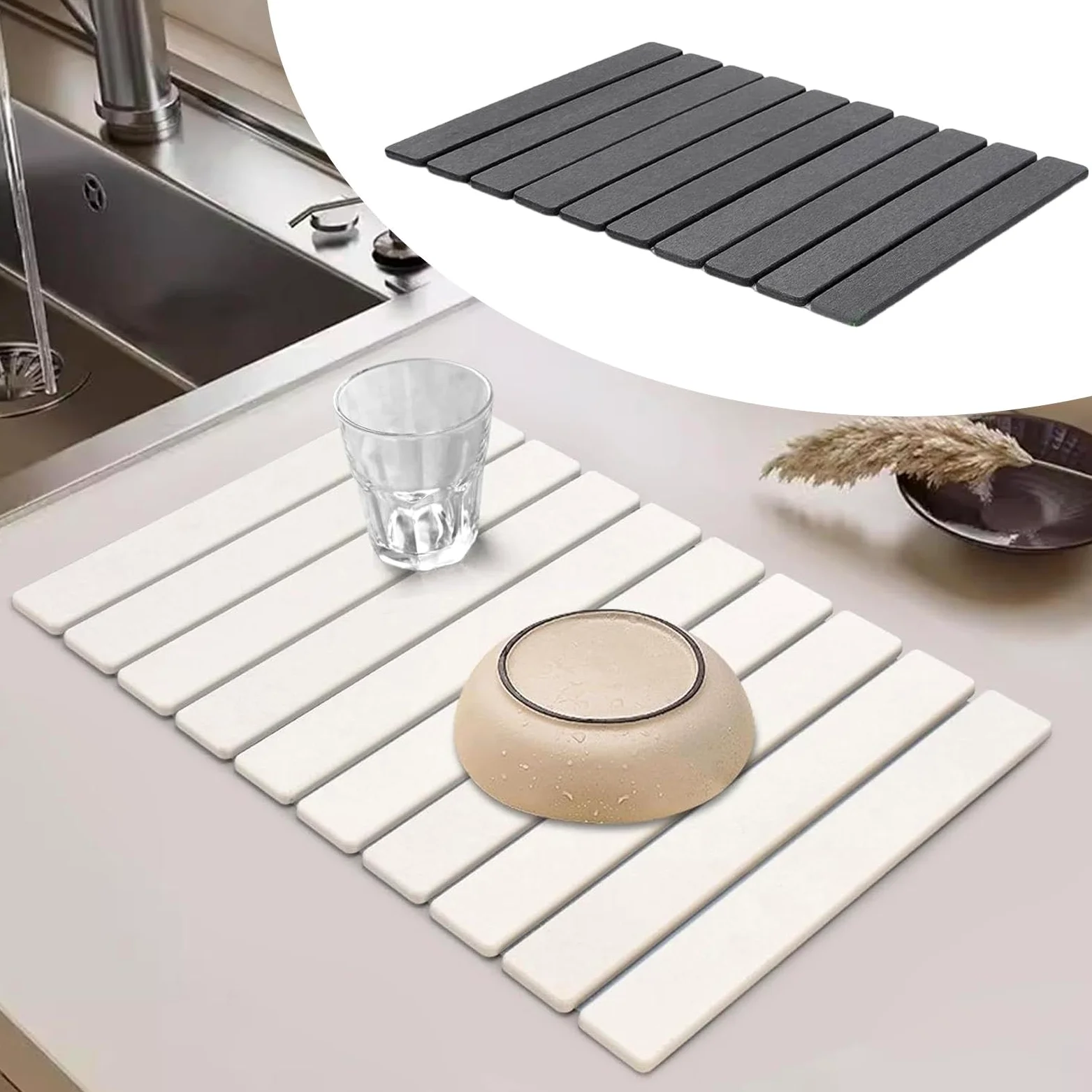 1 Tapis égouttoir à Vaisselle en Pierre absorbante, Pliable et rectangulaire pour Cuisine(White)