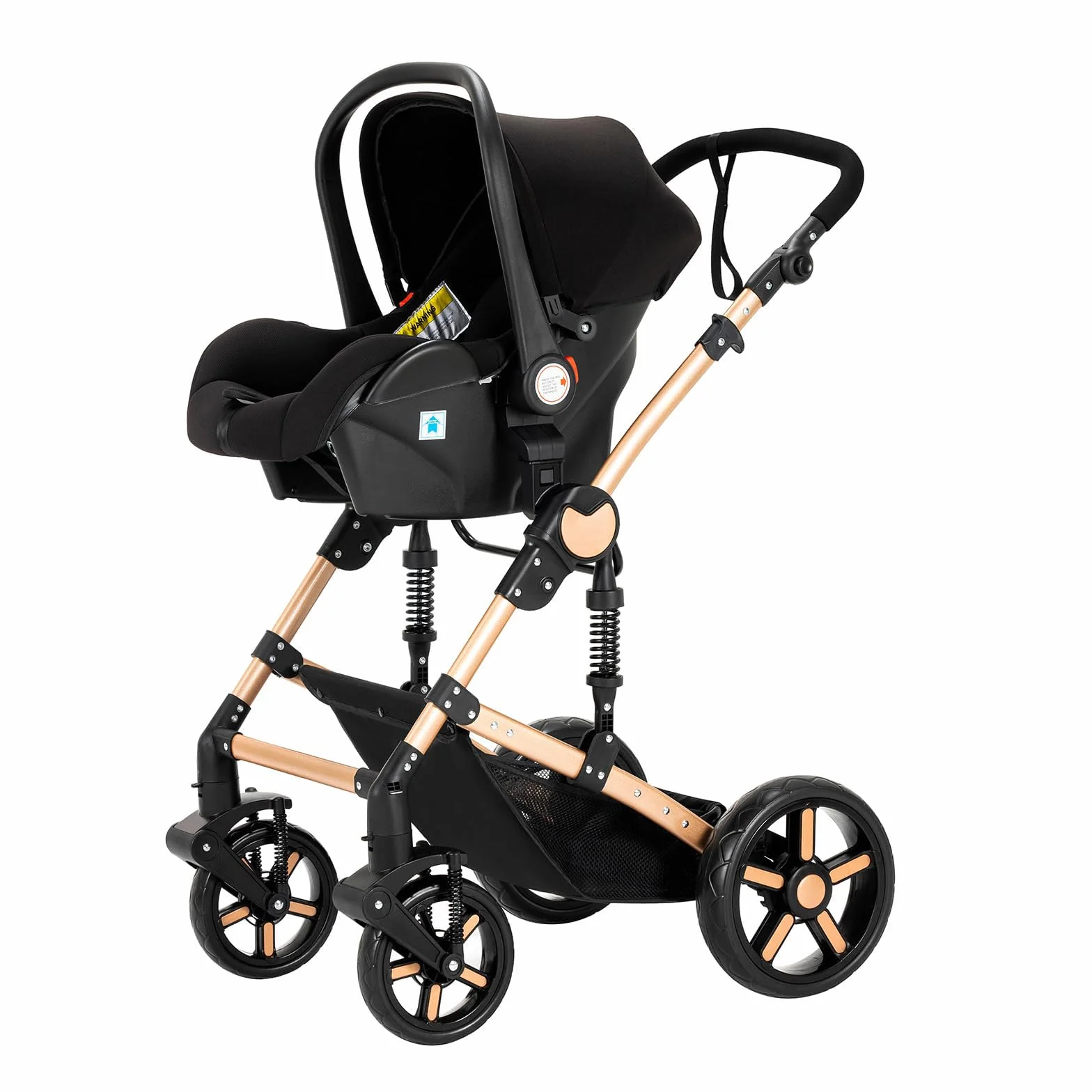 Poussette 3 en 1 Bebe Cadre Aluminium Haute Paysage Pliable Un Clic Noir Or