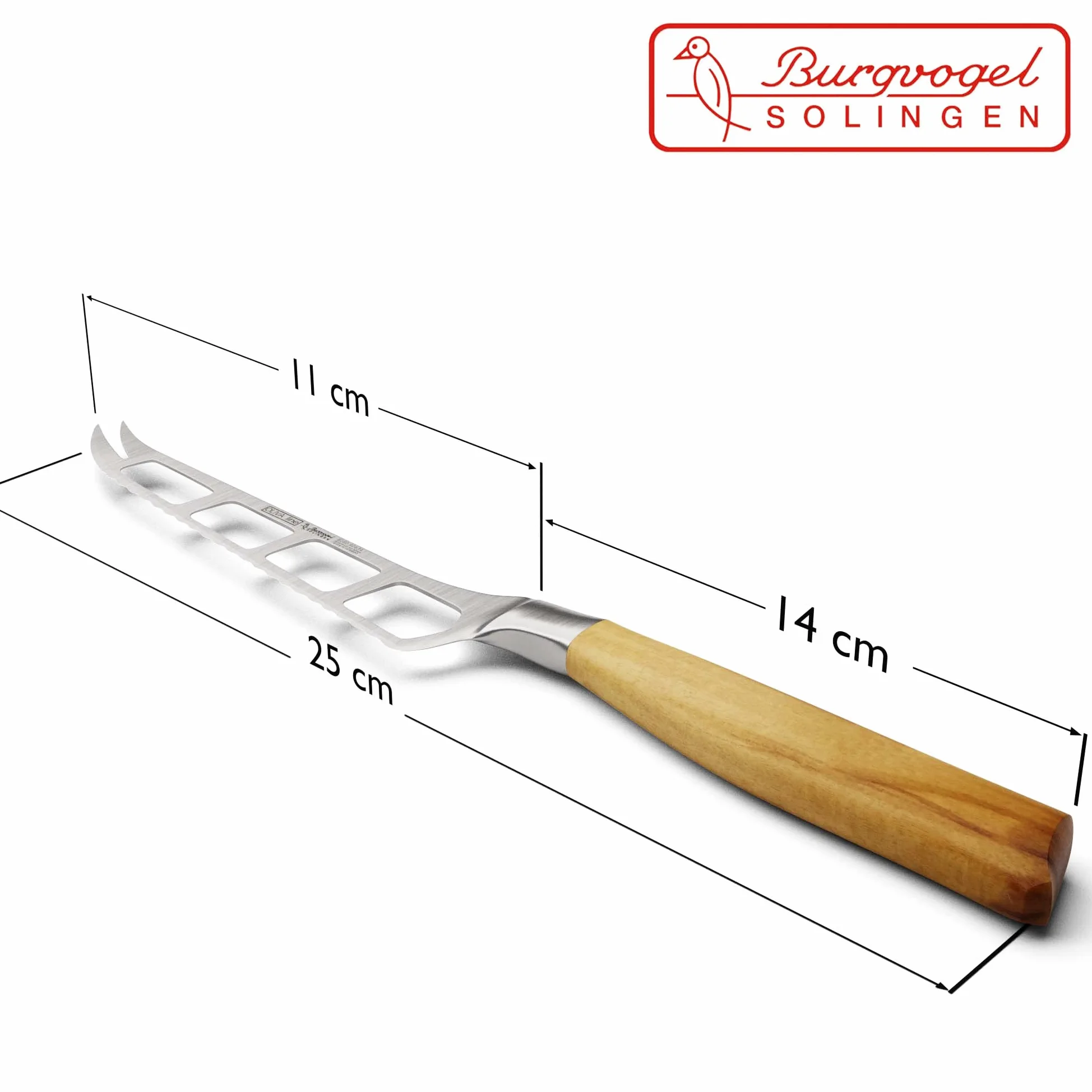 Burgvogel Solingen Couteau à Fromage 14 cm forgé Bois d'olivier, Oliva Line, Bord dentelé, Inoxydable, Brillant, Tranchant