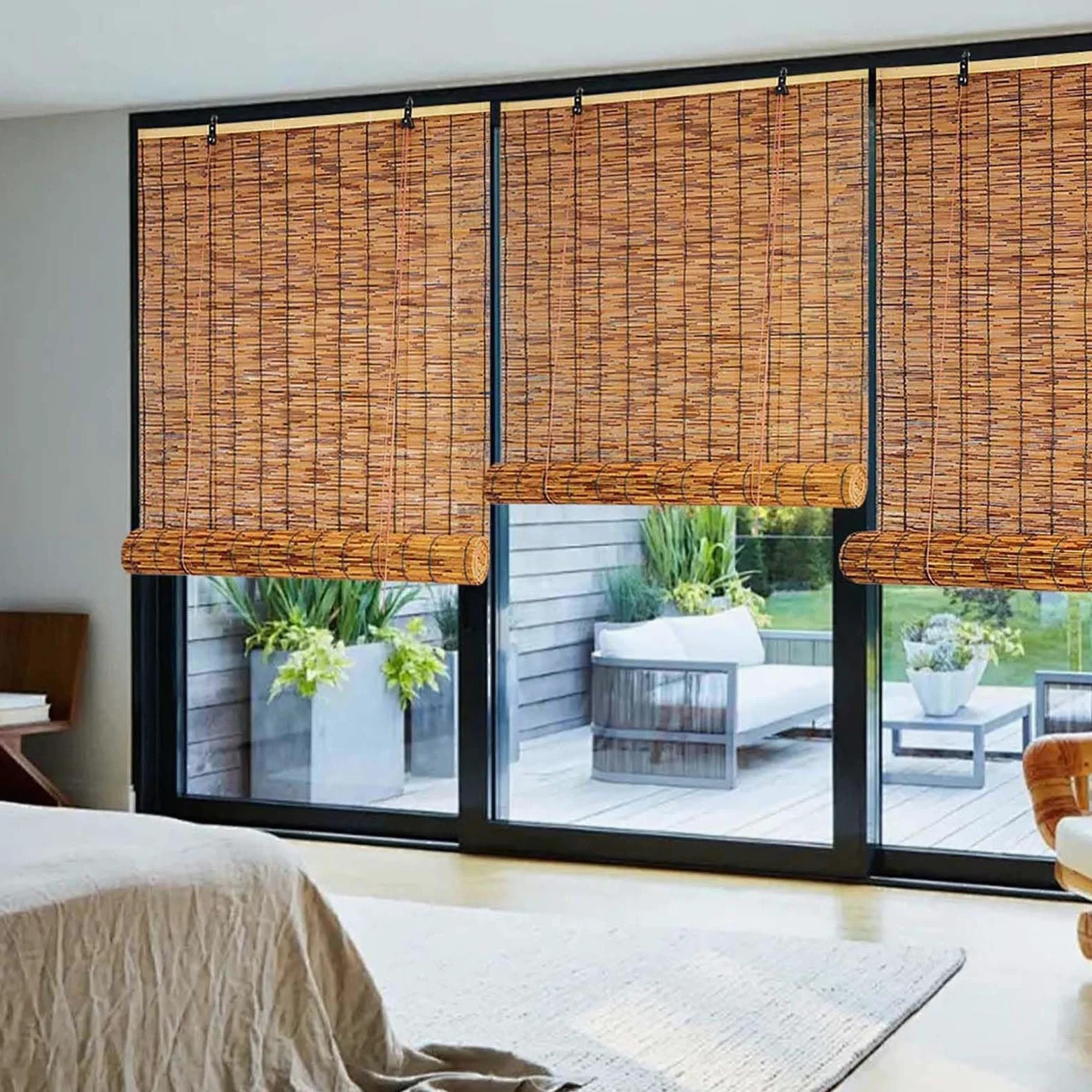 Rideau Store Bambou Exterieur Intérieur Store Enrouleur Roseau Imperméables 50-180cm Faciles à Installer Anti-UV Intimité Pour Salon Terrasse Pergola Rétro Rideau de Paille avec Levage(W150xH180cm)