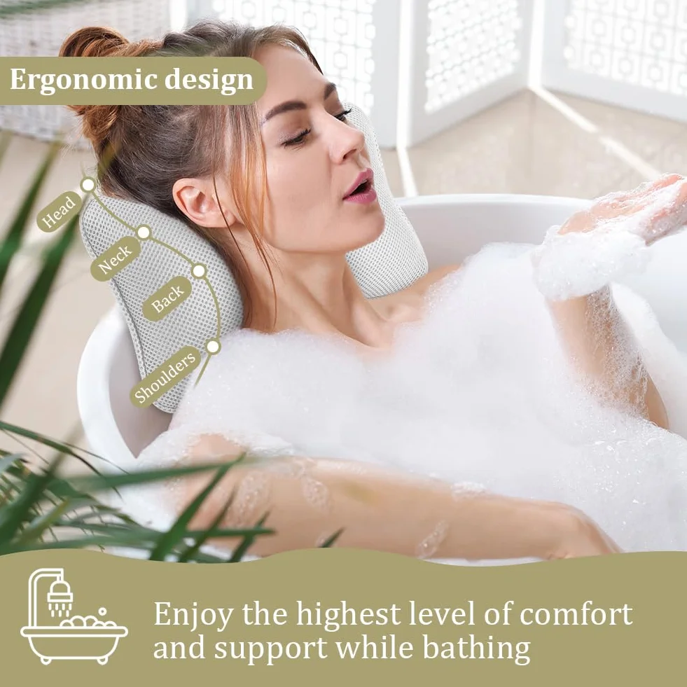 Oreiller de Bain Ergonomique 3D avec Ventouses Antidérapantes, Coussin Baignoire pour Cou, Blanc