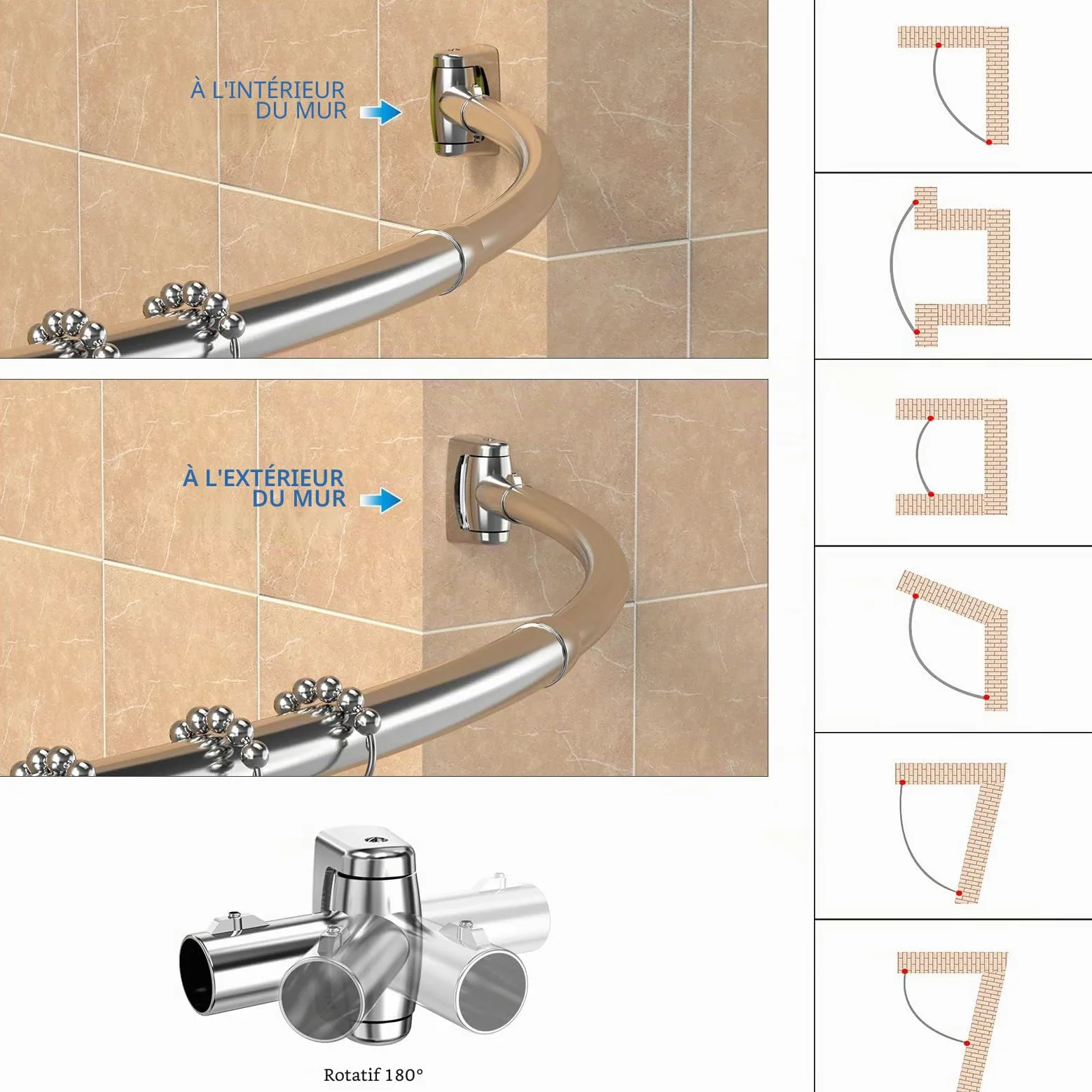 Tringle à rideau de douche incurvée réglable et extensible en acier inoxydable de 110 à 180 cm, design télescopique exquis personnalisable pour salle de bain, besoin de percer.