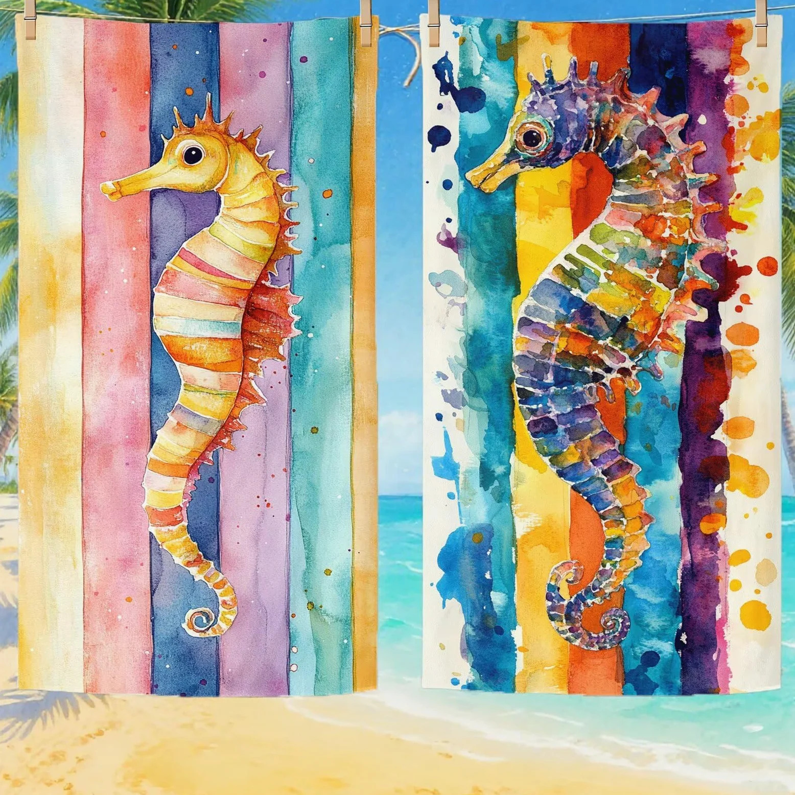 Serviette de Plage XXL 100x200 cm,Hippocampe Serviette Plage Microfibre avec Séchage Rapide, Anti-Sable, Absorbante Fonction Design pour Vacances Piscine Pique-Nique Voyages Yoga, Cadeau Femme Q-686