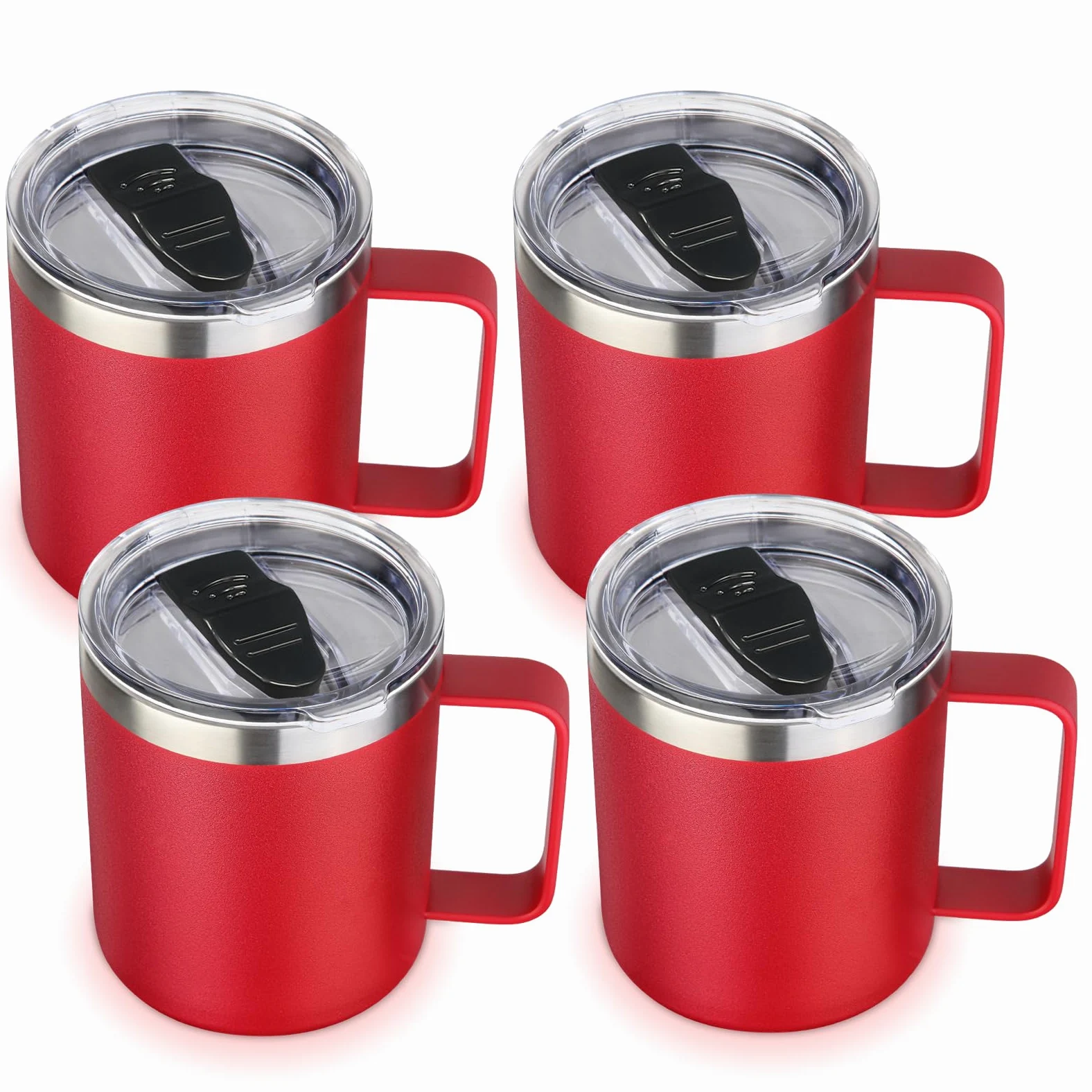 Volhoply Lot de 4 tasses à café isothermes en acier inoxydable avec couvercle – Tasse à café de voyage à double paroi avec poignée – Gobelet isotherme réutilisable en métal pour le camping – Cadeau de