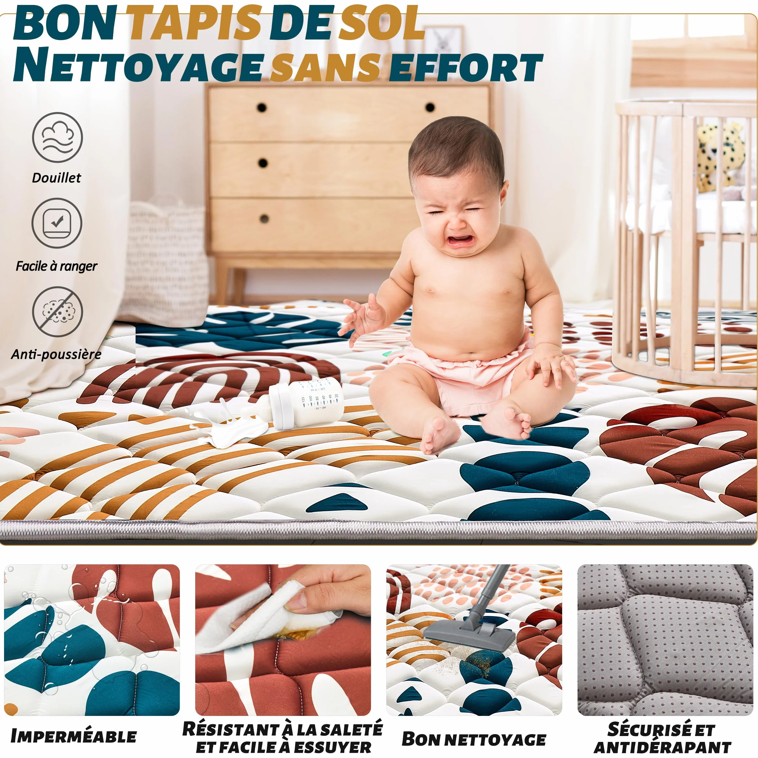 YBIKE Tapis de Jeu 180x150cm Pliable Antidérapant Épais Lavable en Machine Boho