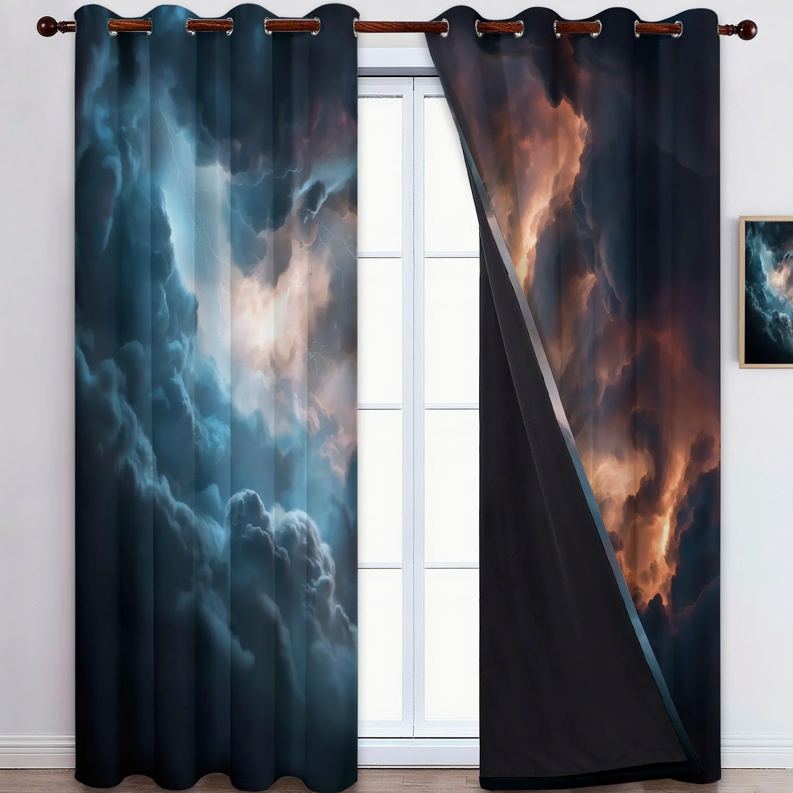 Rideau Occultant Gris, Style Fantastique Nuages Sombres Éclairs Rideaux à Oeillets, Rideau Thermique Isolant Anti Froid et Chaleur pour Salon Chambre Fenetre Décoration 110L x 215H cm Lot de 2
