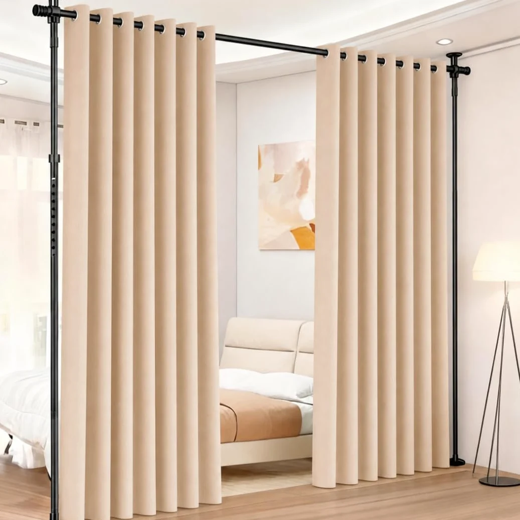 Séparateur de pièce sans perçage, tringle de rideau réglable comme structure de paravent, séparateur d'espace autonome sans rideau, L 70-177 cm x H 122-305 cm, protection des regards pour salon